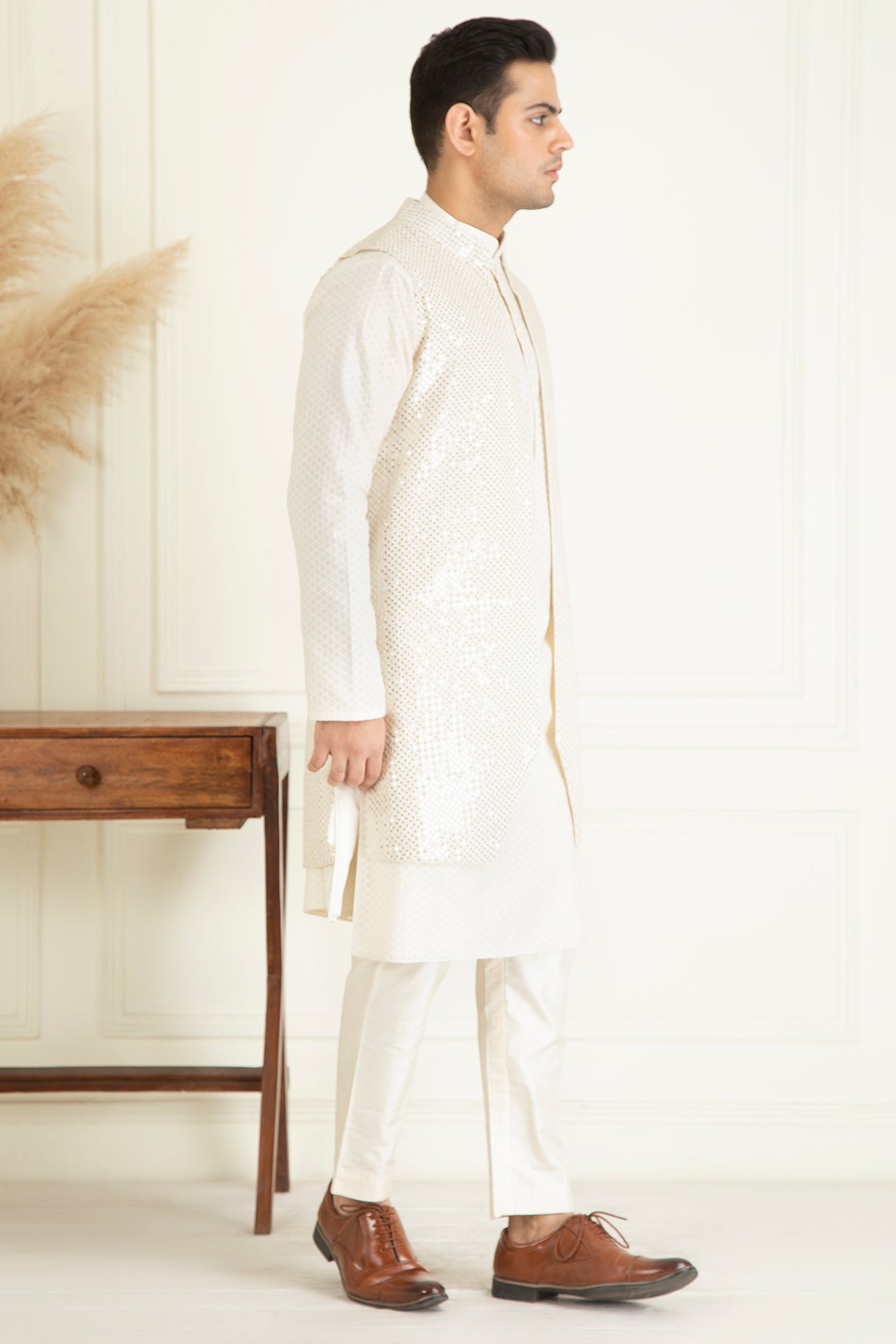 Ivory Sequins Embroidered Open  Jacket Set