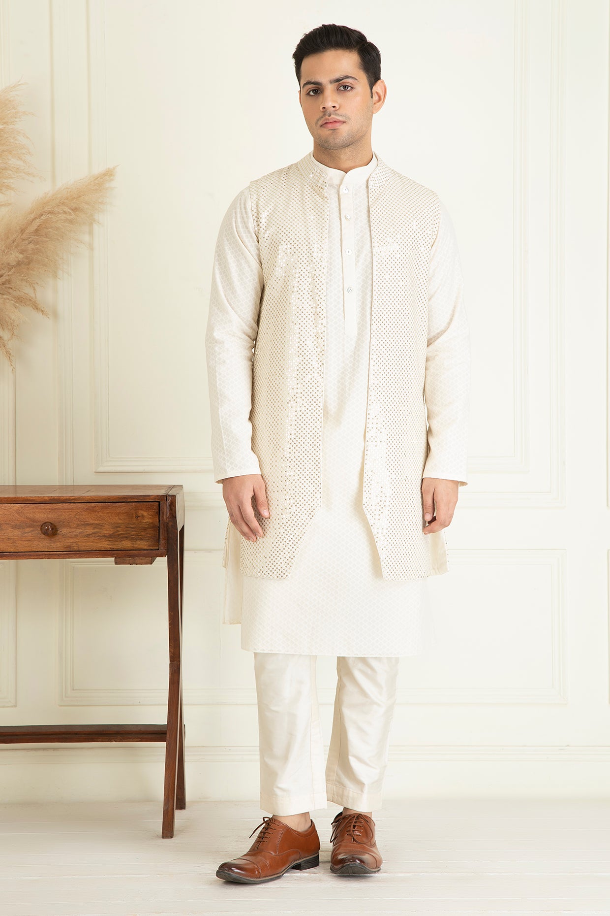 Ivory Sequins Embroidered Open  Jacket Set