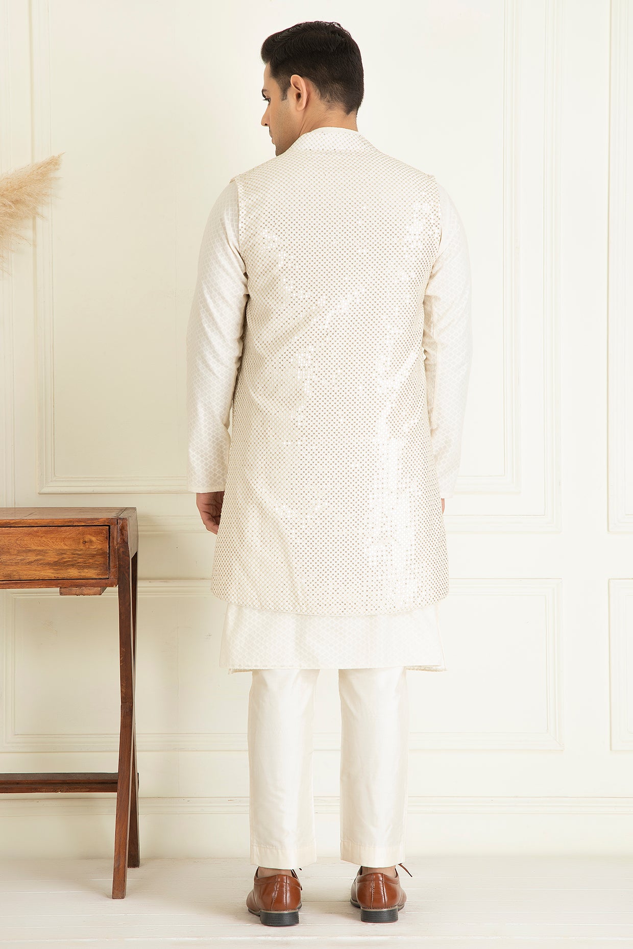 Ivory Sequins Embroidered Open  Jacket Set