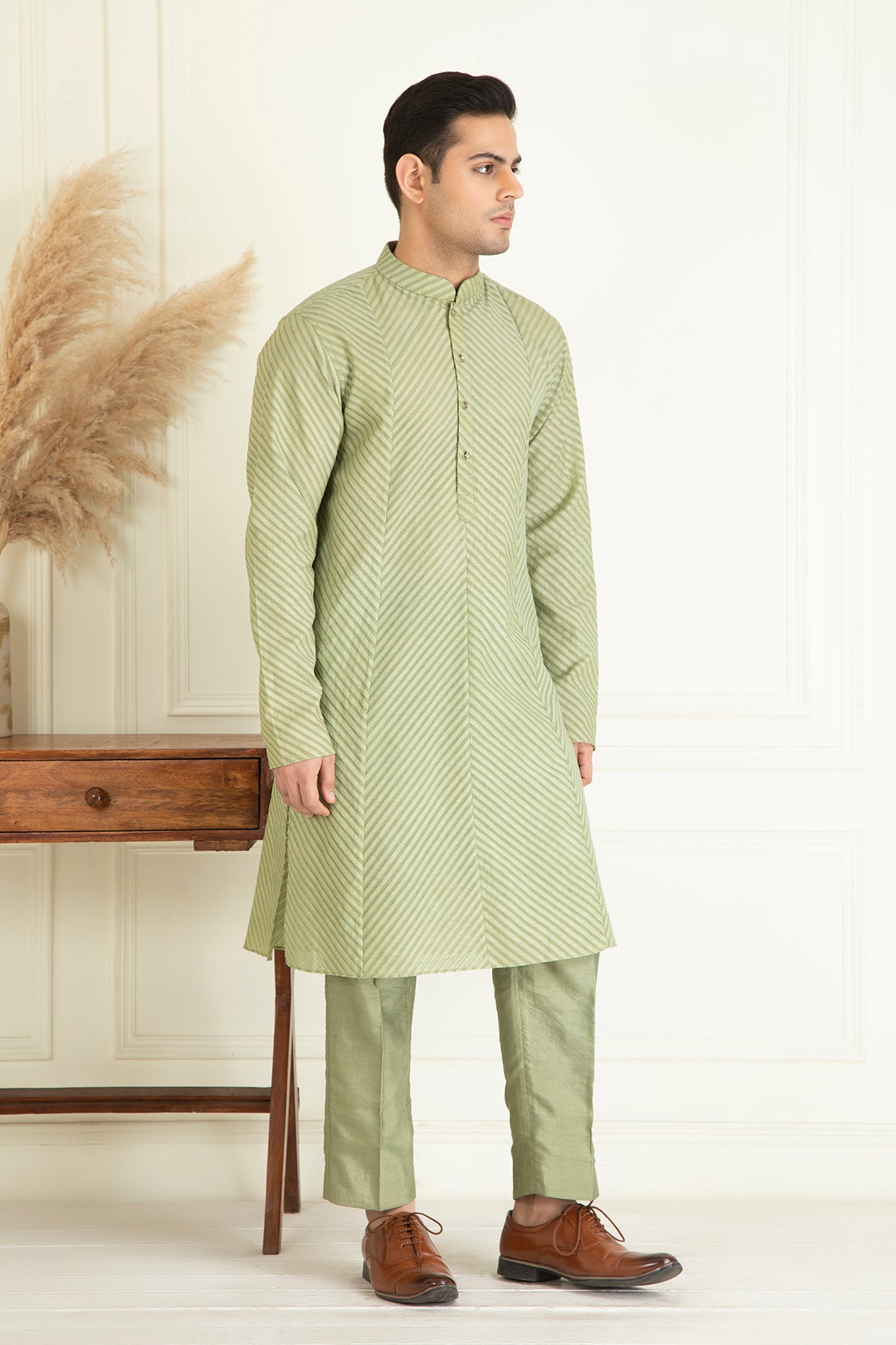 Sage Green self on self jaquared kurta set