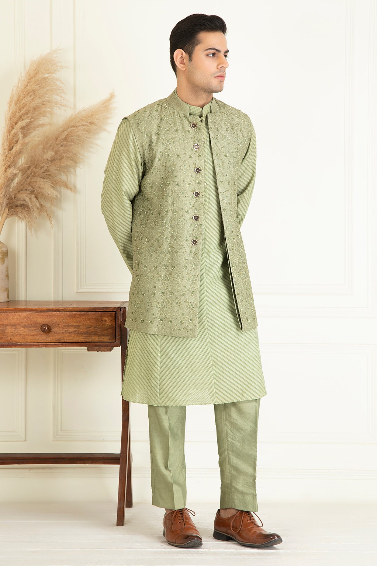 Sage Green Embroidered Jacket Set