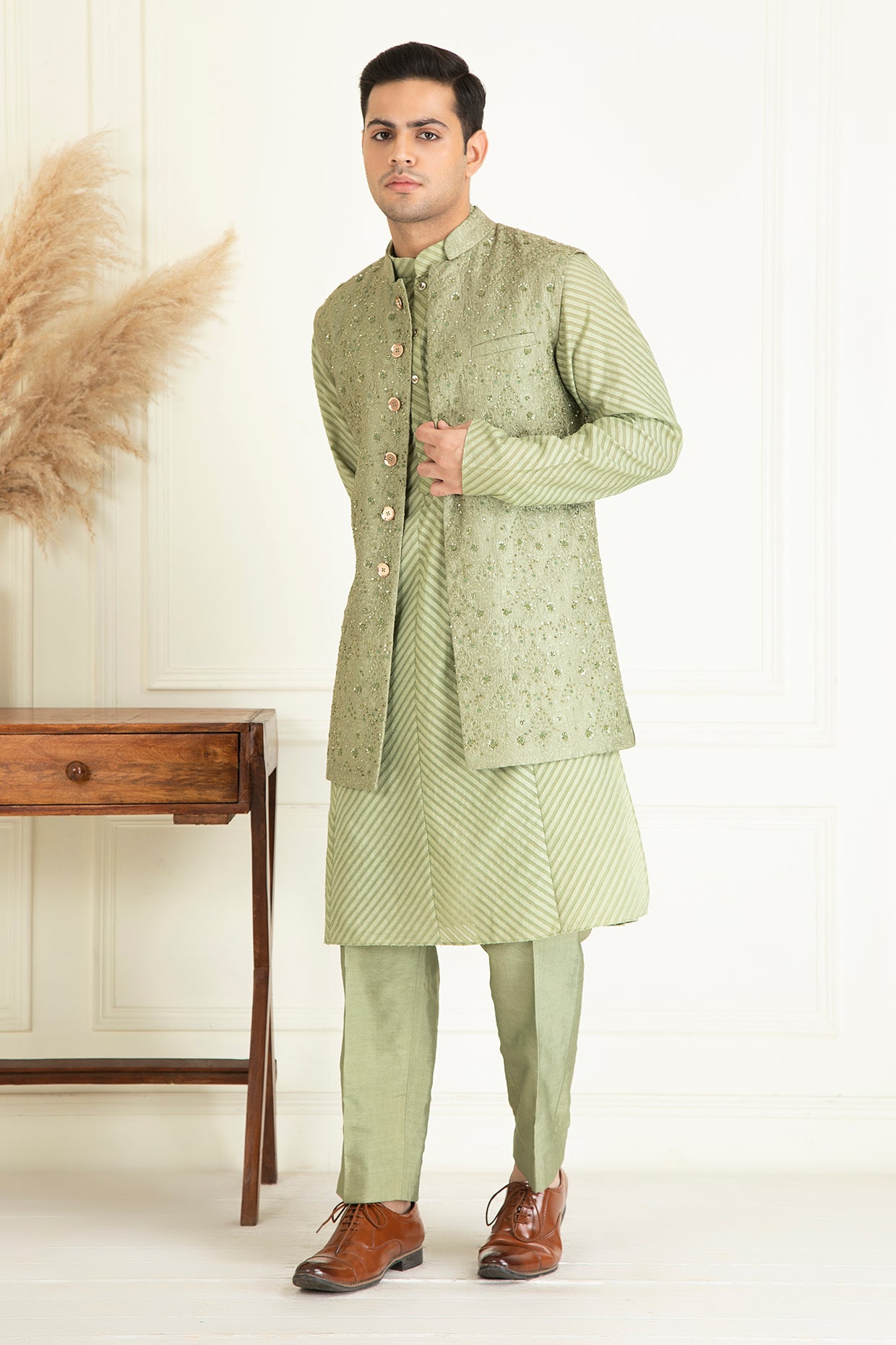Sage Green Embroidered Jacket Set