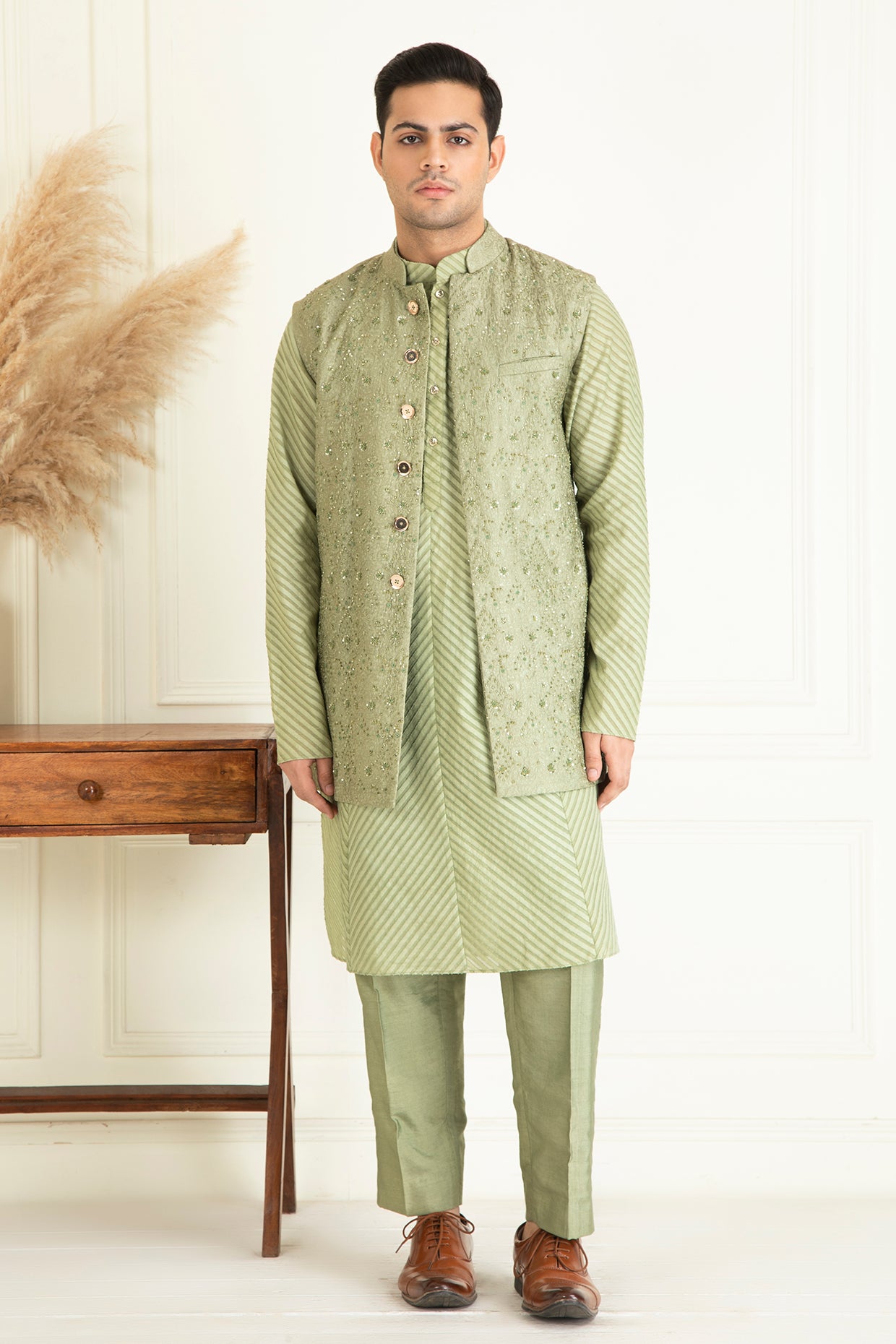 Sage Green Embroidered Jacket Set