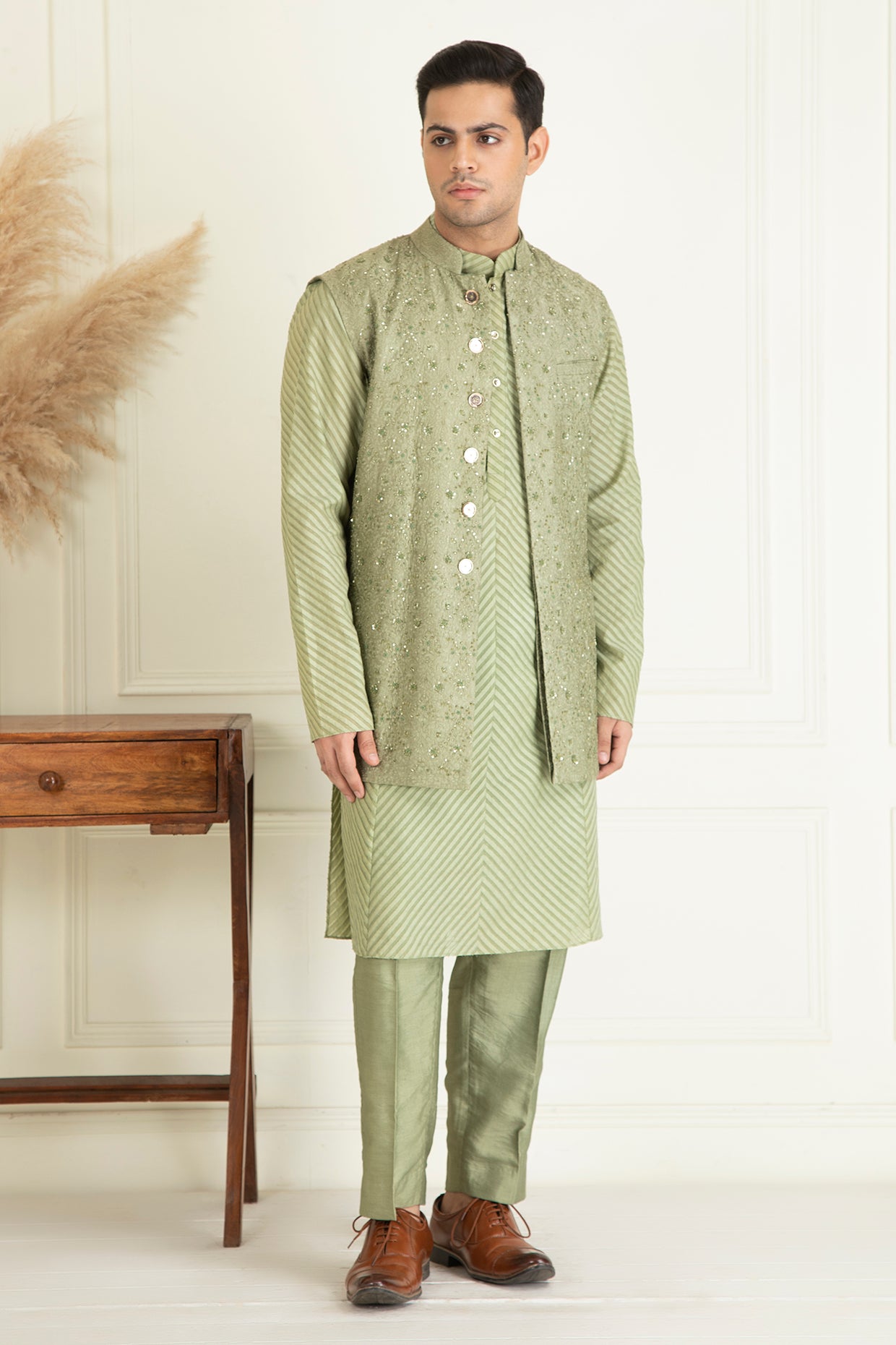 Sage Green Embroidered Jacket Set