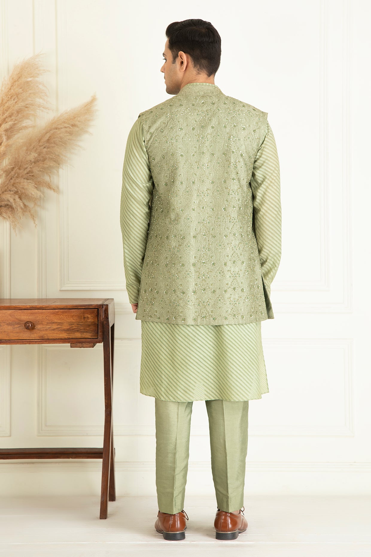 Sage Green Embroidered Jacket Set