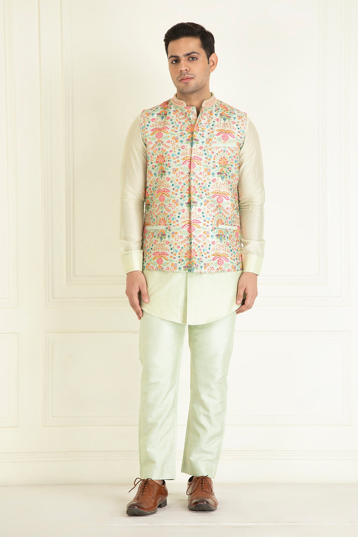 Mint Green Nehru Collar Printed Jacket Set