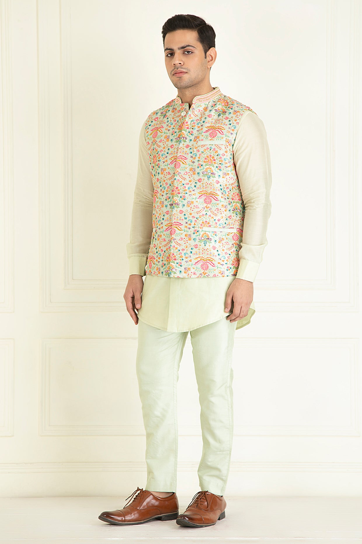 Mint green Nehru collar printed jacket Set