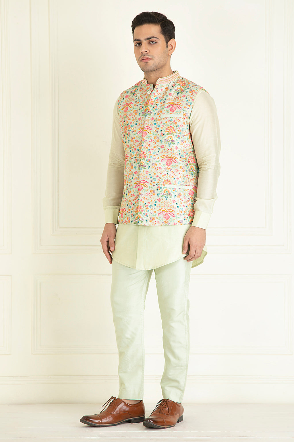 Mint Green Nehru Collar Printed Jacket Set
