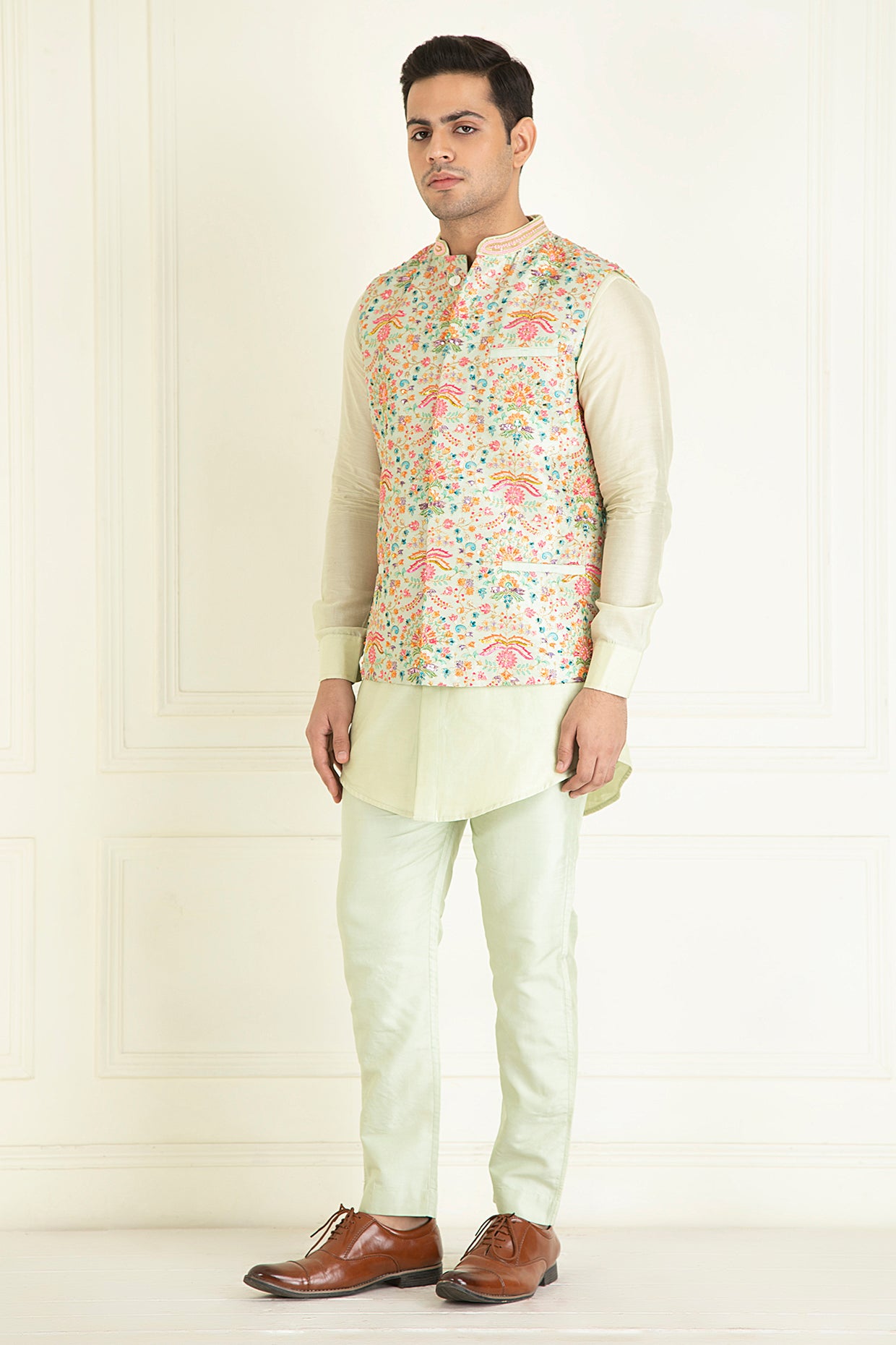 Mint Green Nehru Collar Printed Jacket Set