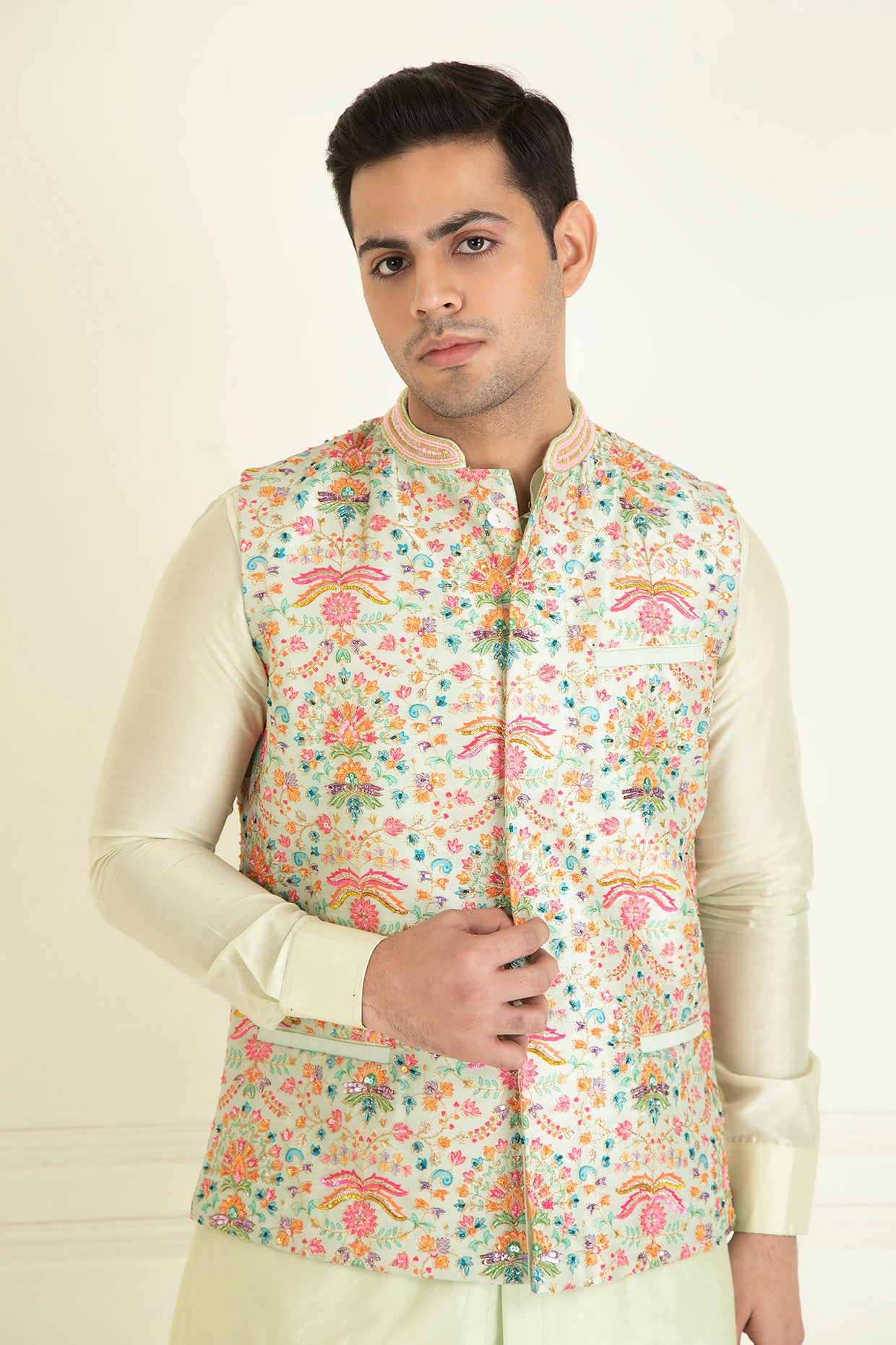 Mint green Nehru collar printed jacket Set