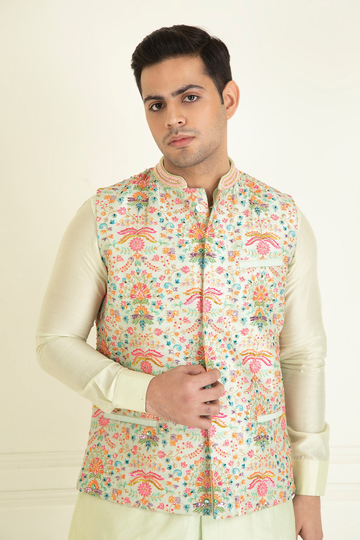 Mint Green Nehru Collar Printed Jacket Set