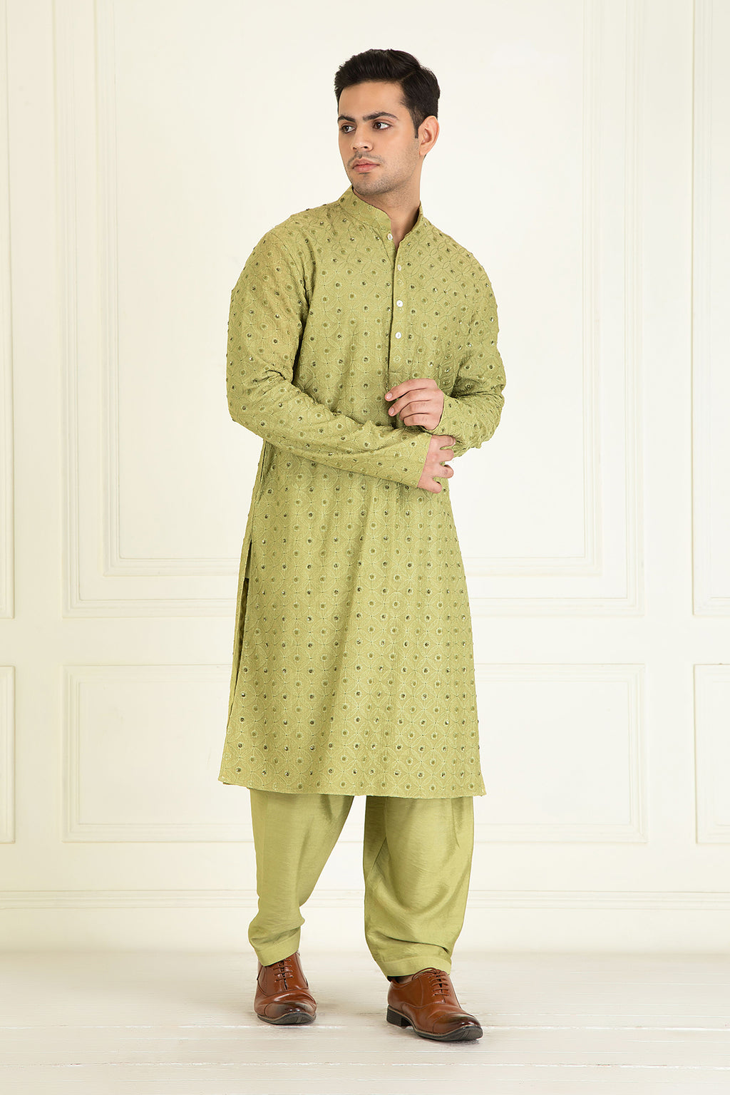 Mehndi Green Embroidered Kurta Set