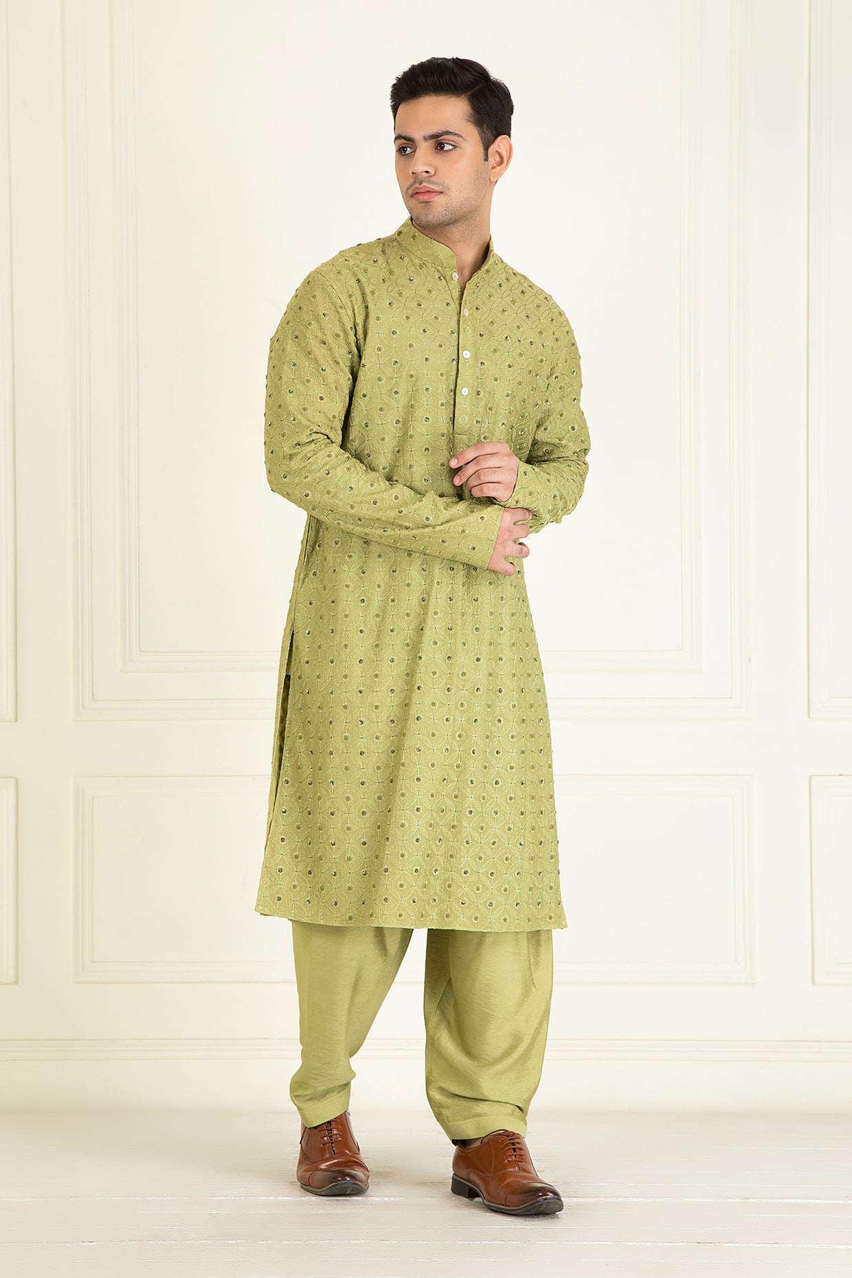 Mehndi Green Embroidered Kurta Set