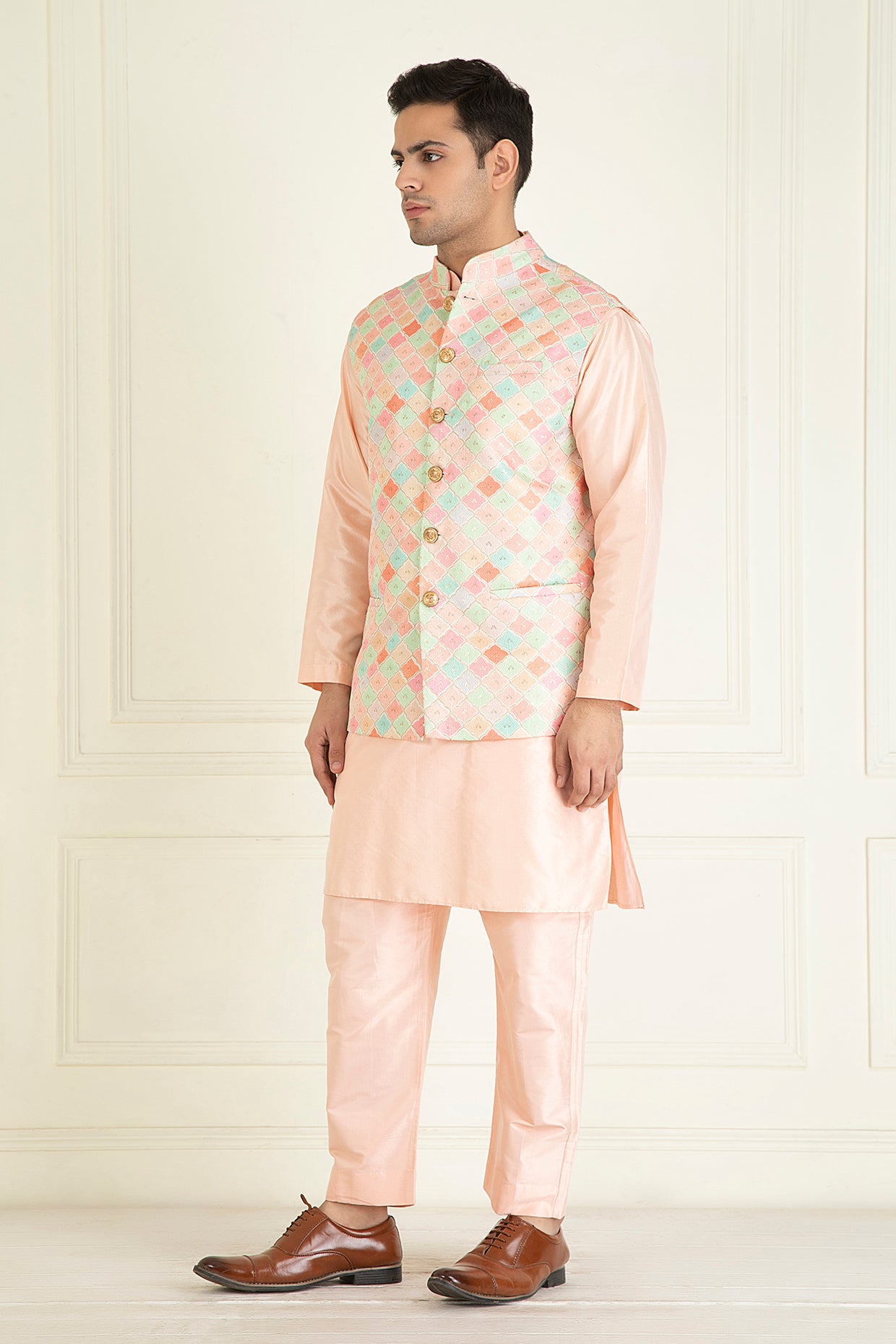 Peach embroidered jacket set