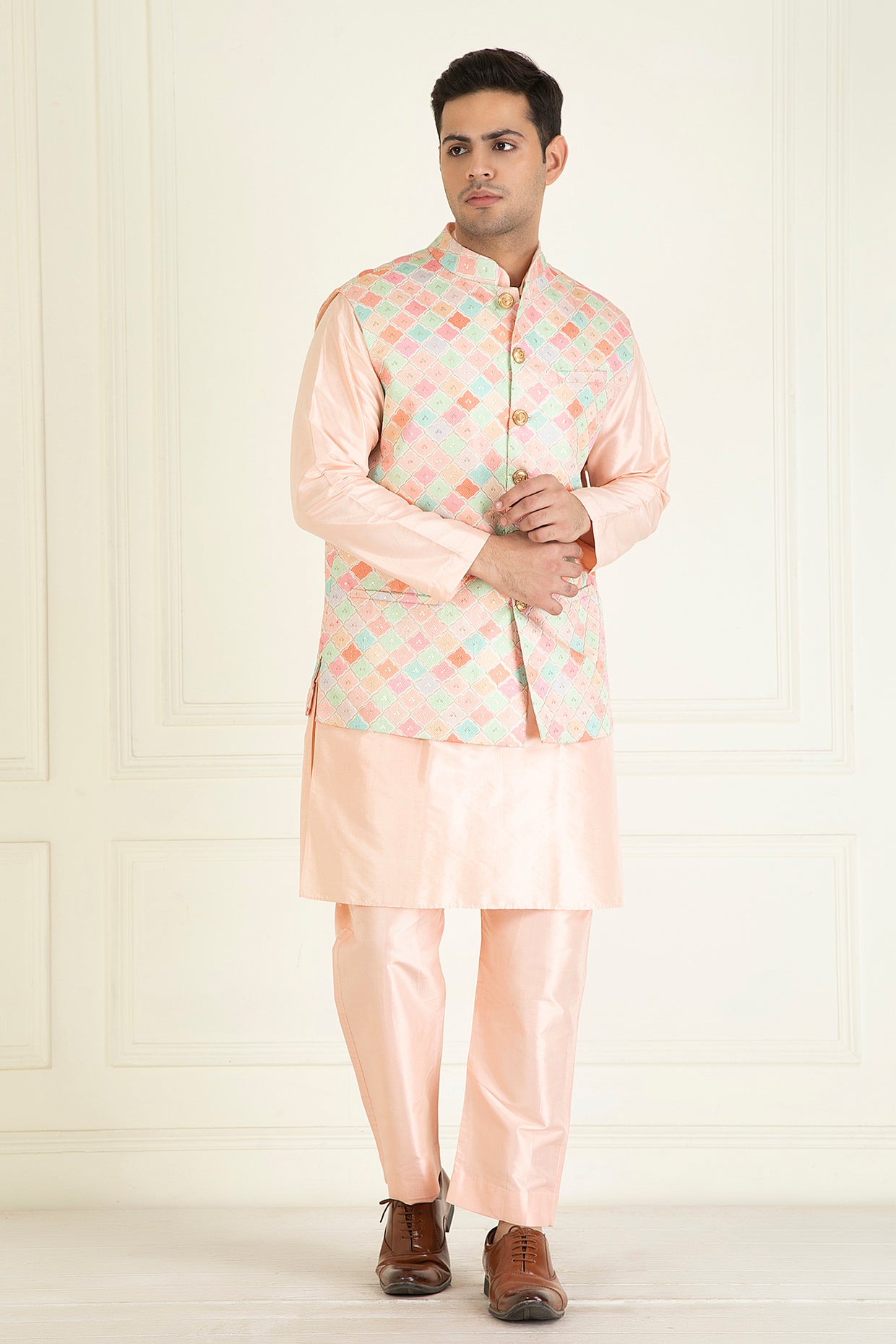 Peach Embroidered Jacket Set