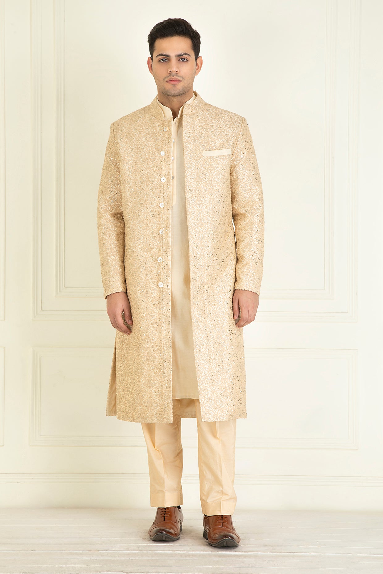 Golden Beige Embroidered Sherwani Set