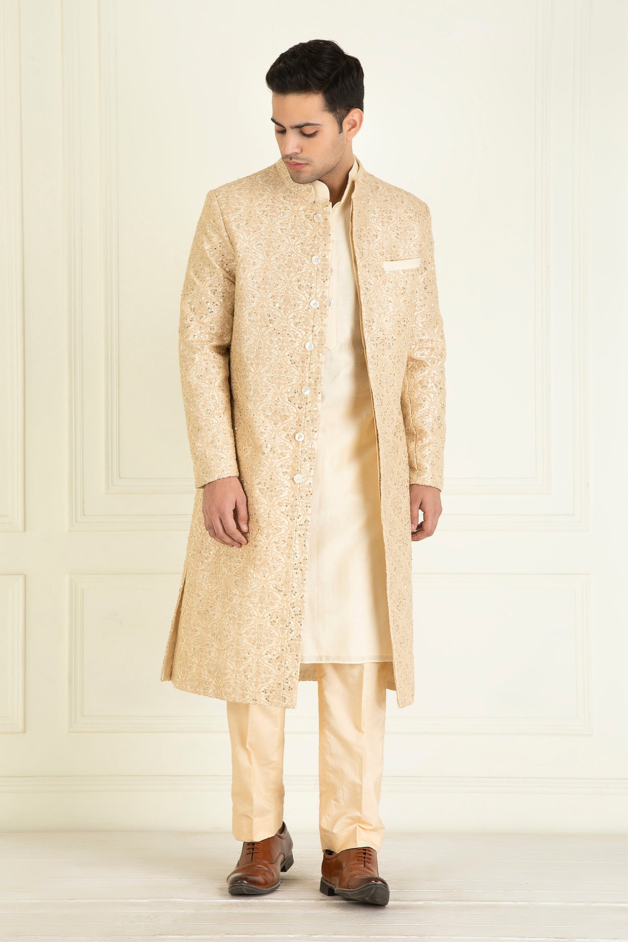 Golden Beige Embroidered Sherwani Set