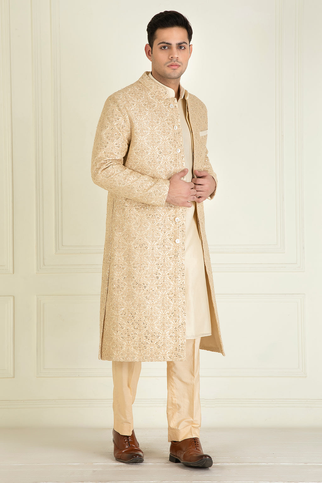Golden Beige Embroidered Sherwani Set