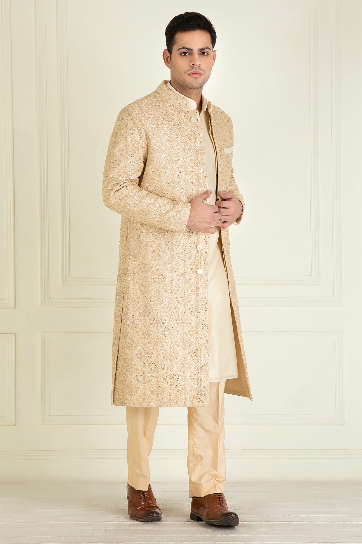 Golden Beige Embroidered Sherwani Set