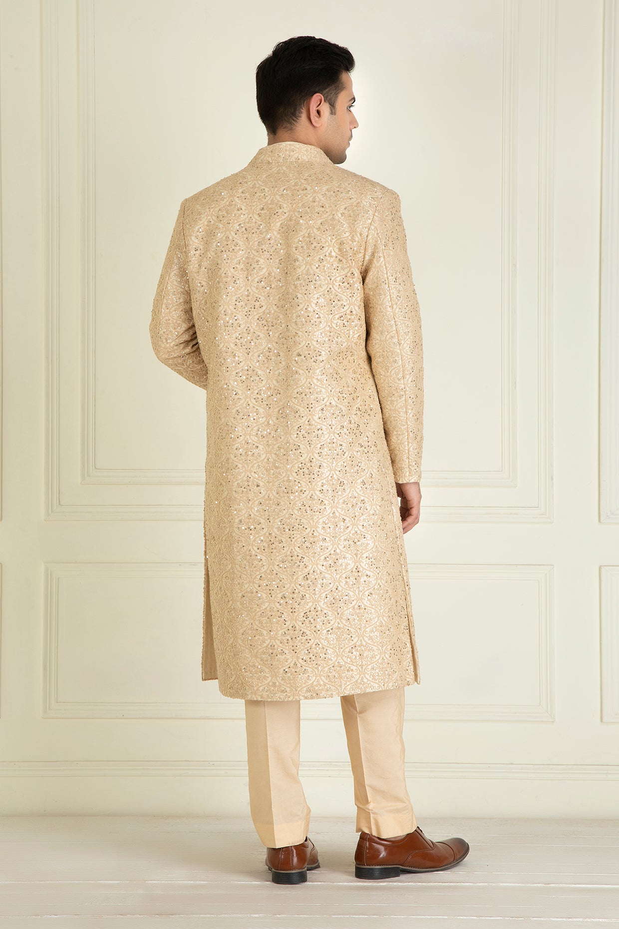Golden Beige Embroidered Sherwani Set