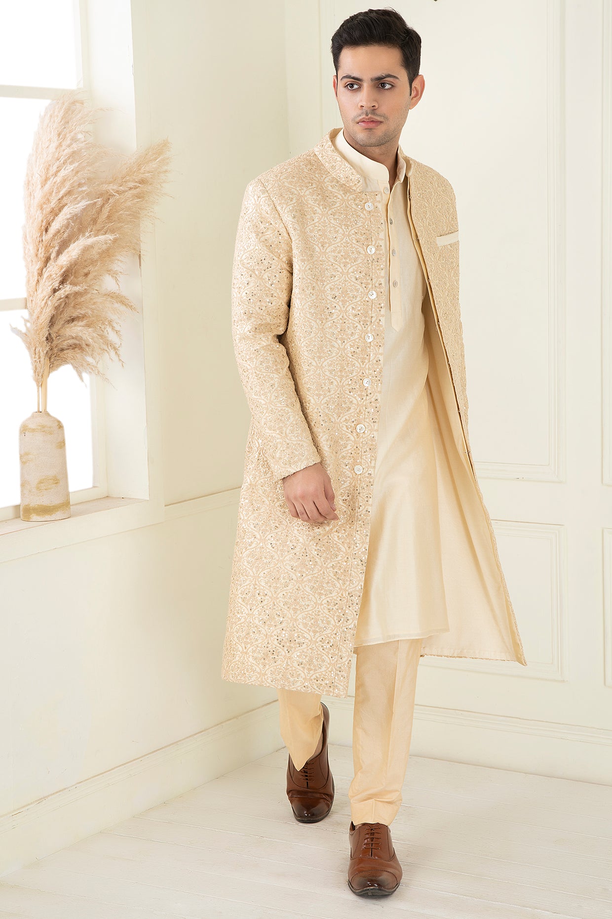 Golden Beige Embroidered Sherwani Set