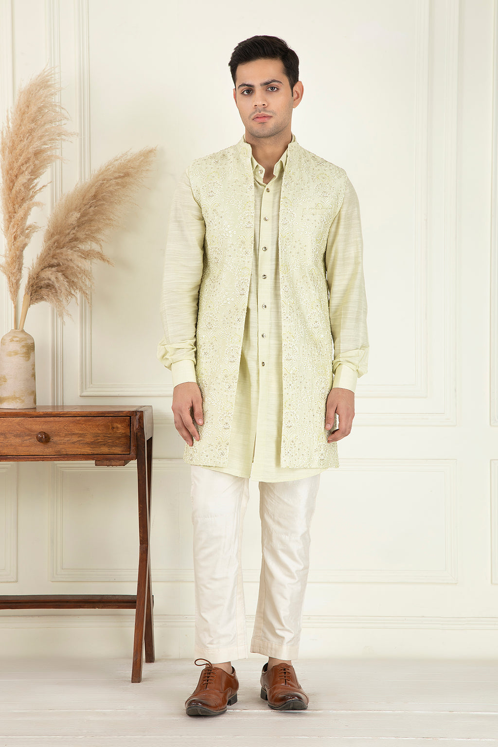 Lime Yellow Embroidered Jacket Set