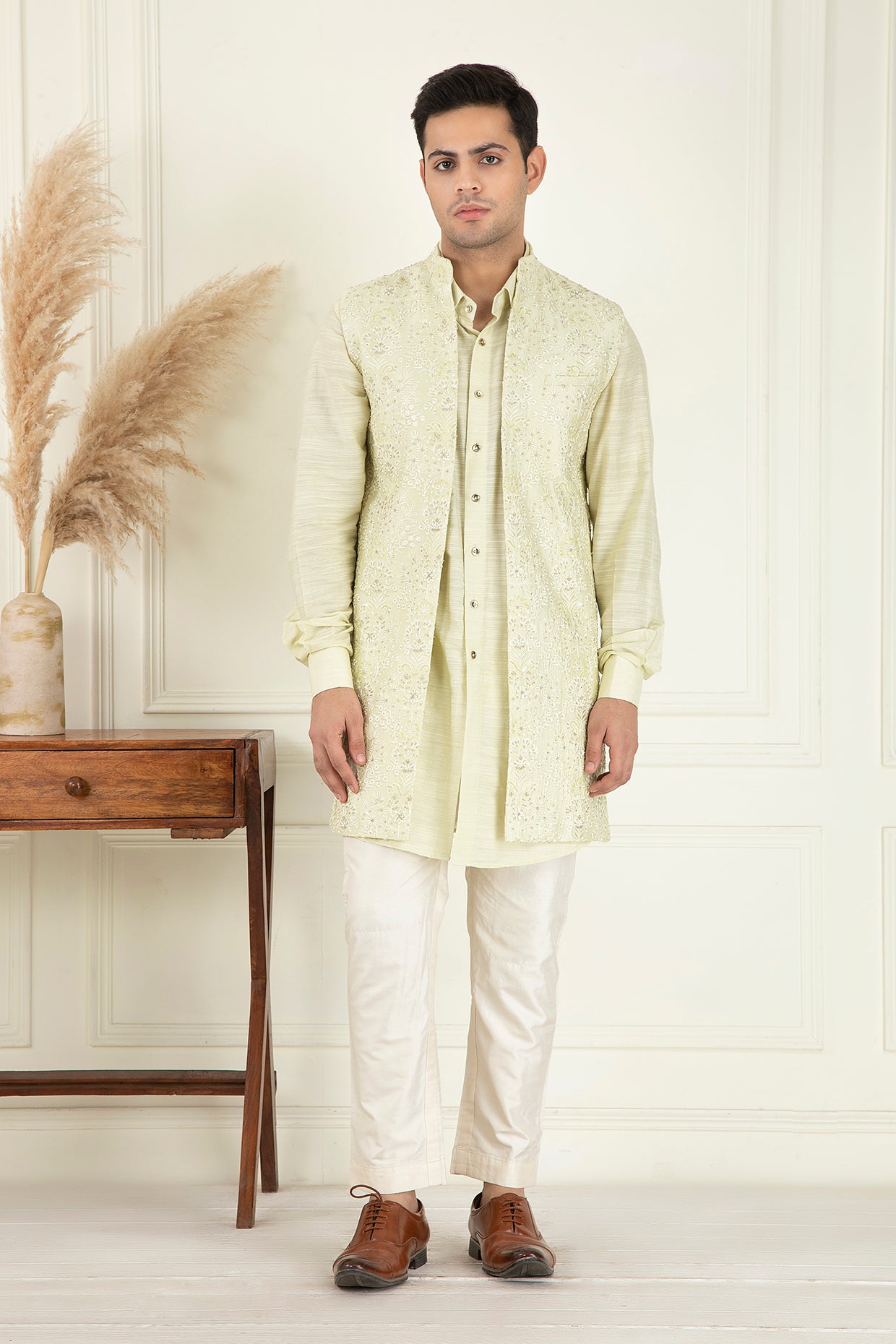 Lime Yellow Embroidered Jacket Set