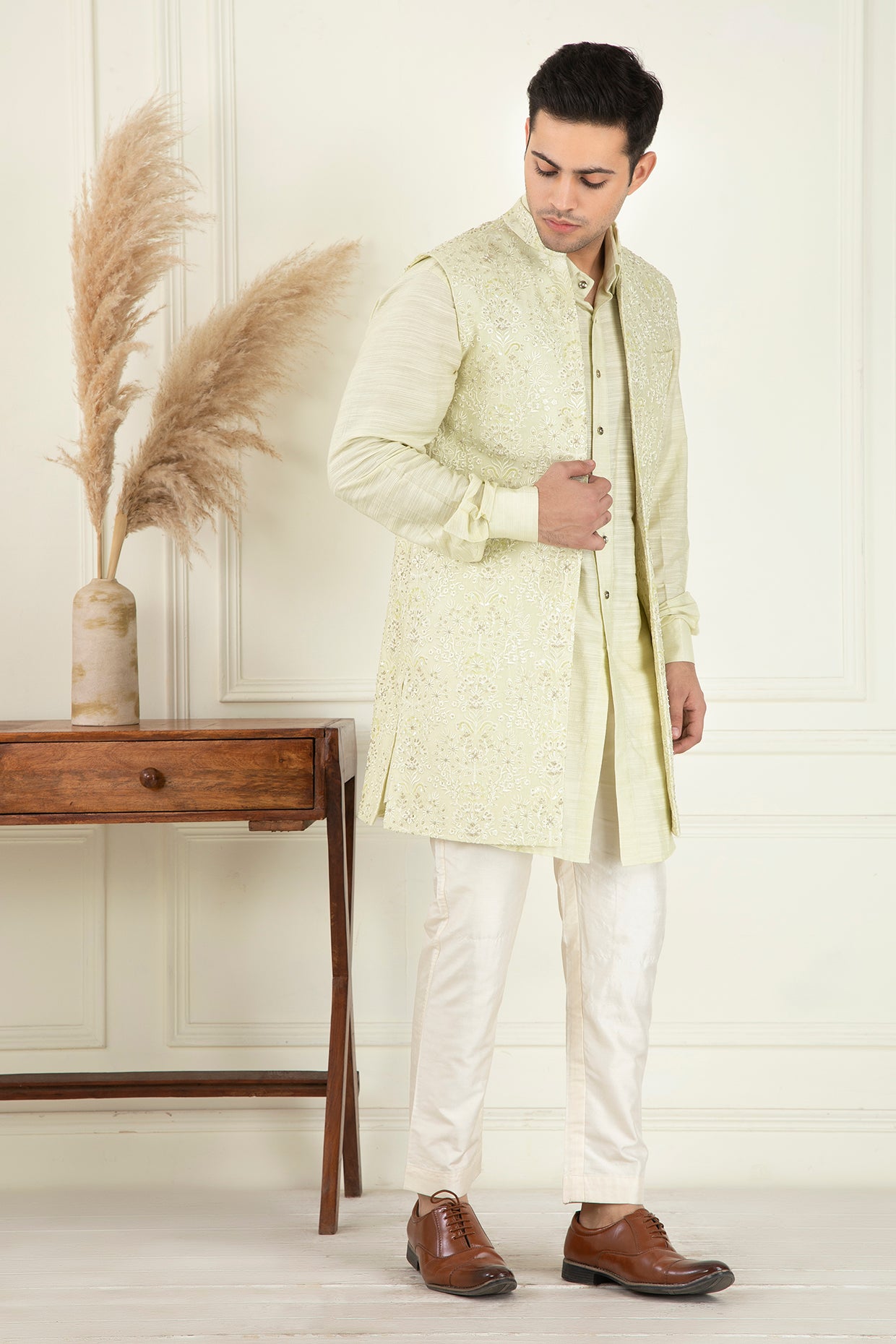 Lime Yellow Embroidered Jacket Set