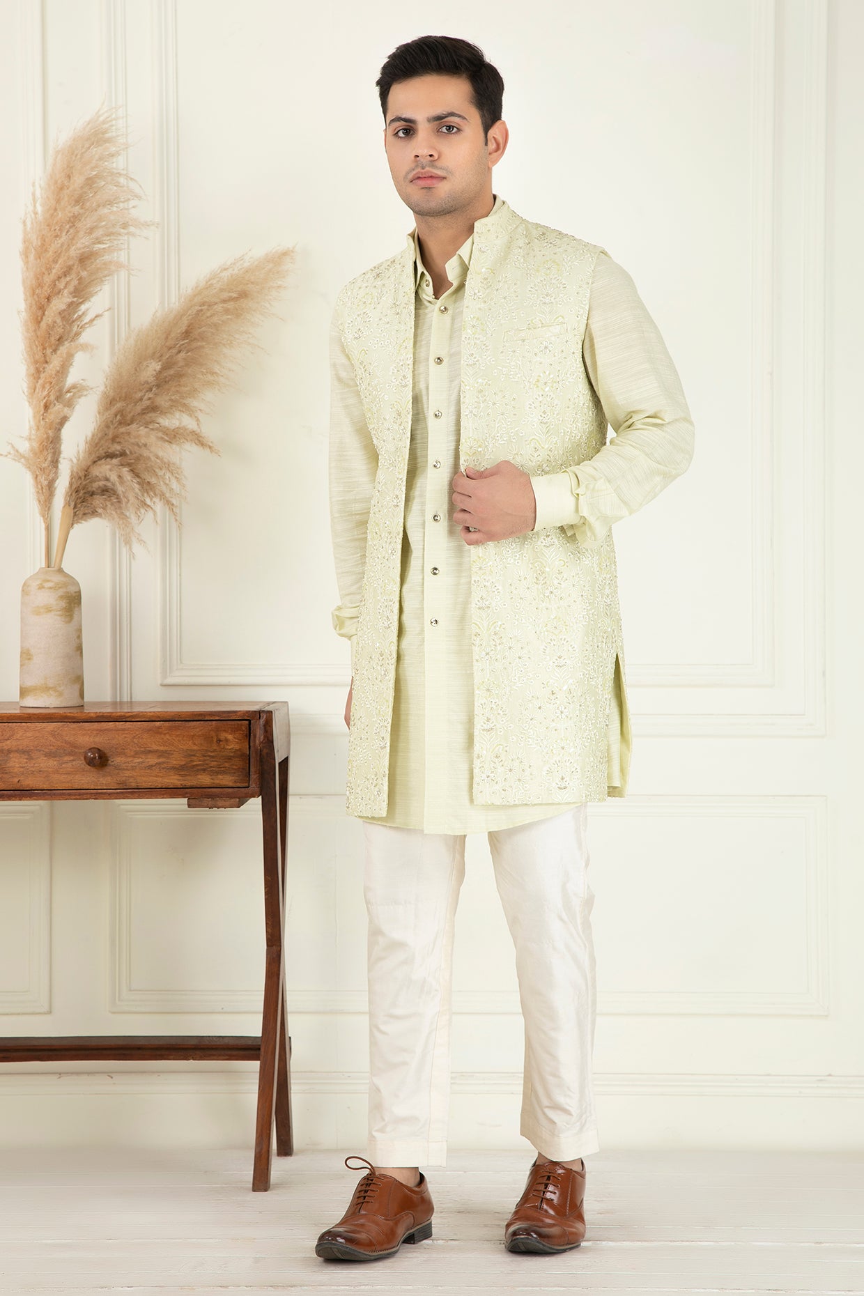 Lime Yellow Embroidered Jacket Set