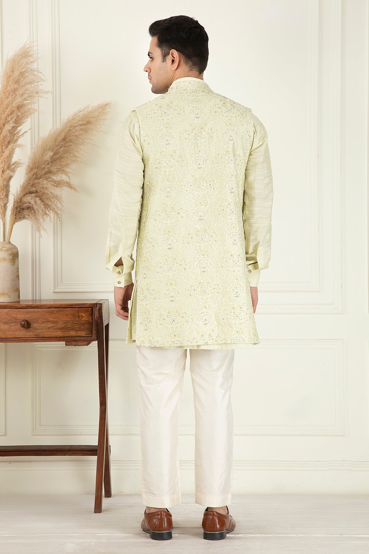 Lime Yellow Embroidered Jacket Set