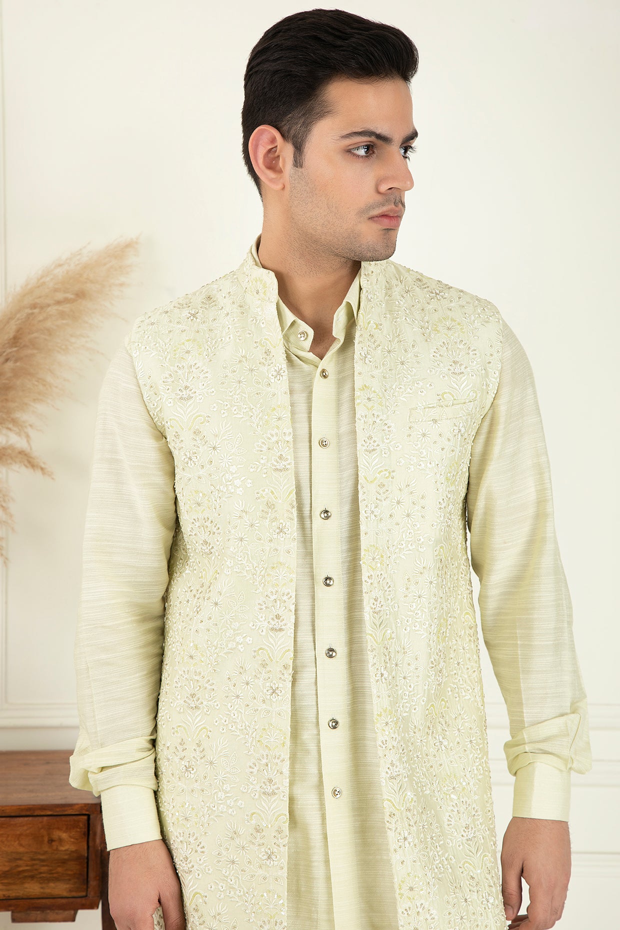 Lime Yellow Embroidered Jacket Set