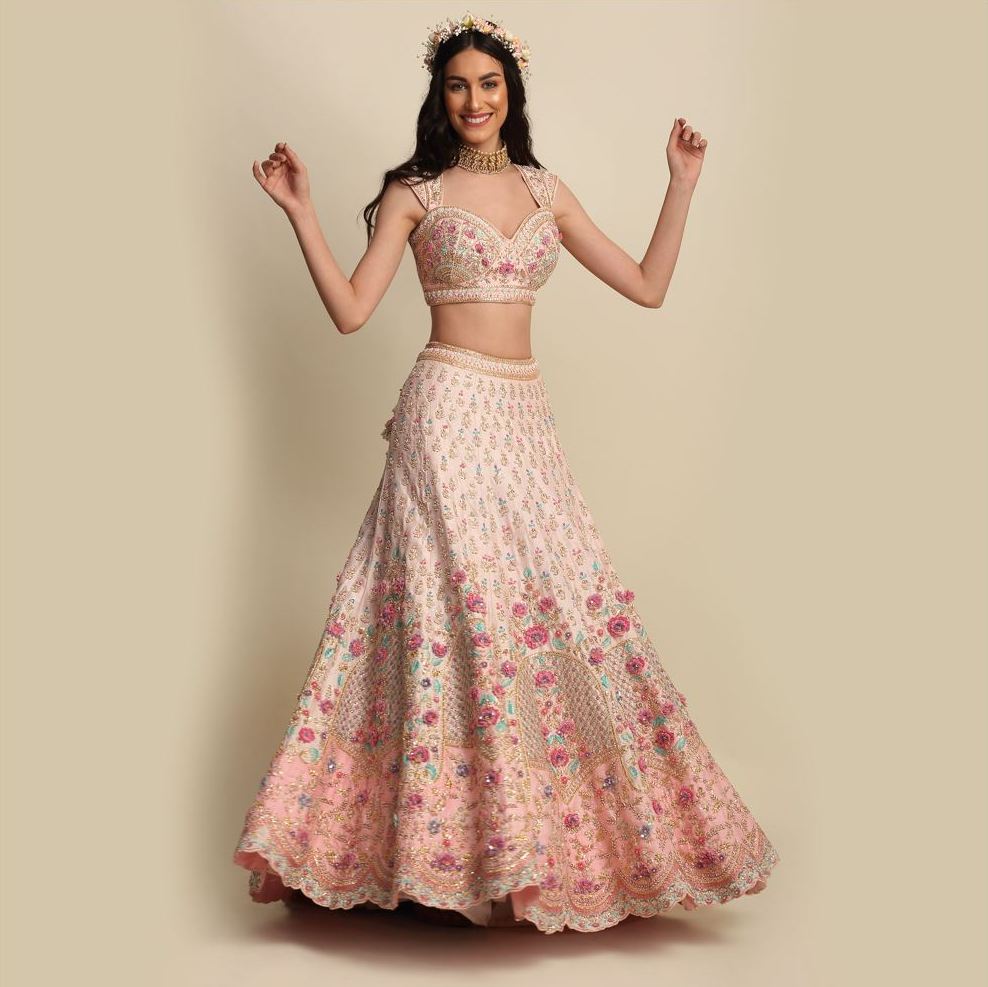 Light Rose Hand Embroidered Bridal Lehenga set