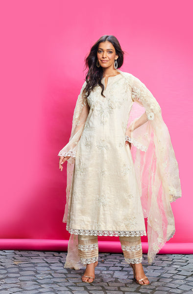 BEIGE COTTON LINEN EMBROIDERED KURTA SET