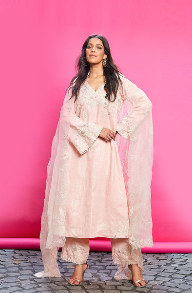 PEACH COTTON LINEN EMBROIDERED KURTA SET