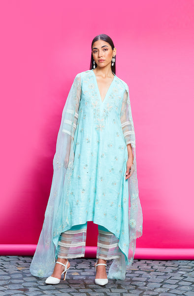 POWDER BLUE COTTON LINEN KURTA SET