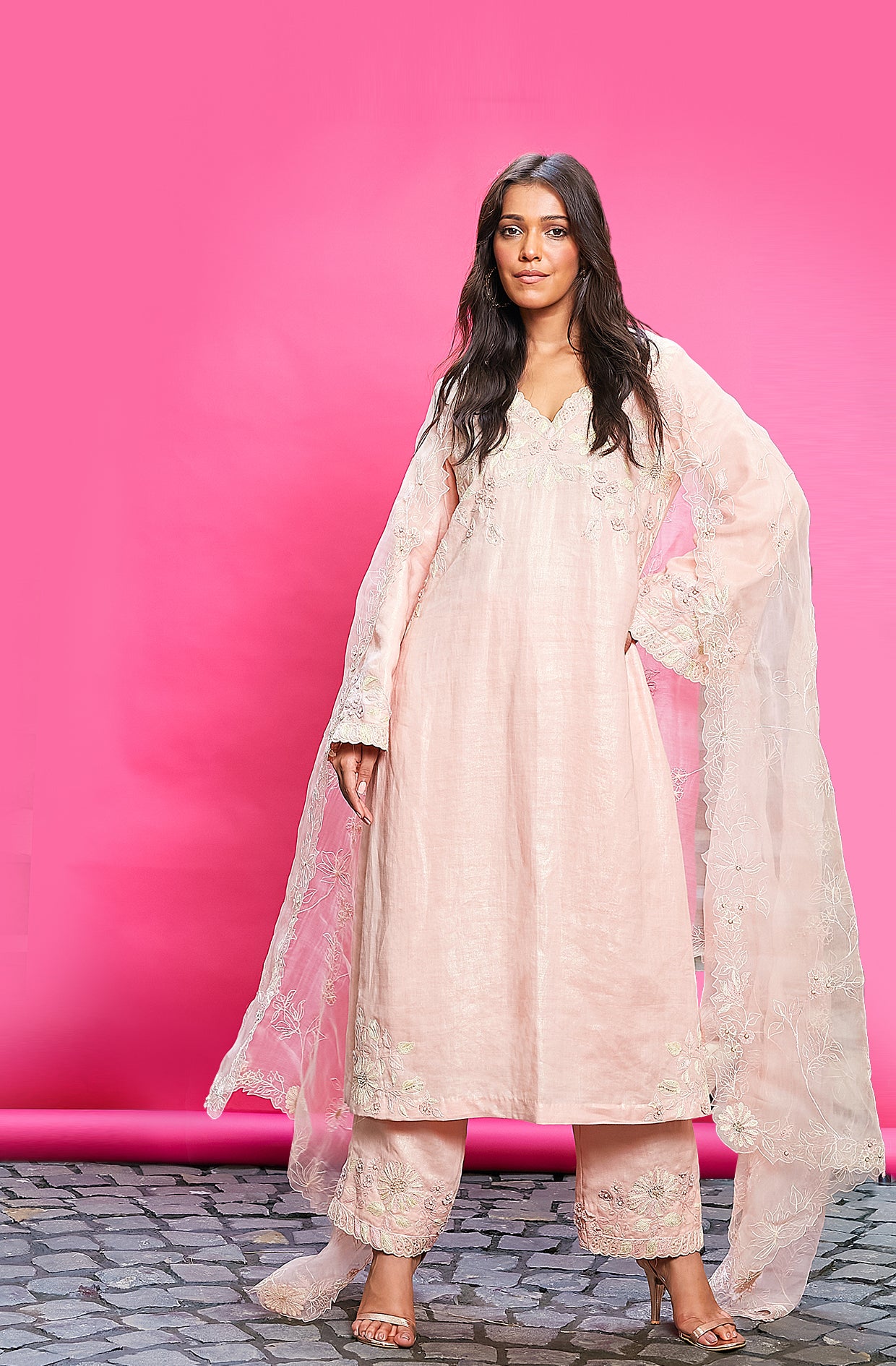 PEACH COTTON LINEN EMBROIDERED KURTA SET