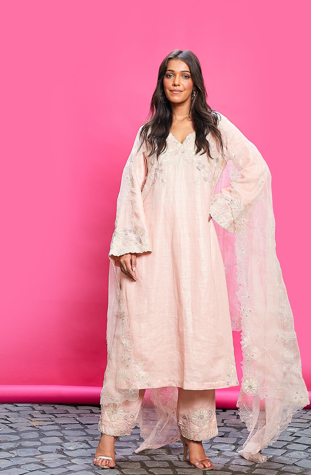 PEACH COTTON LINEN EMBROIDERED KURTA SET