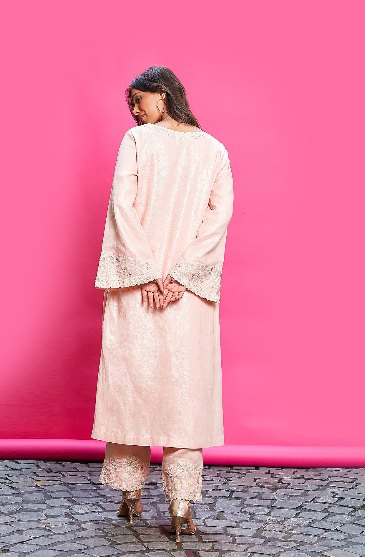 PEACH COTTON LINEN EMBROIDERED KURTA SET