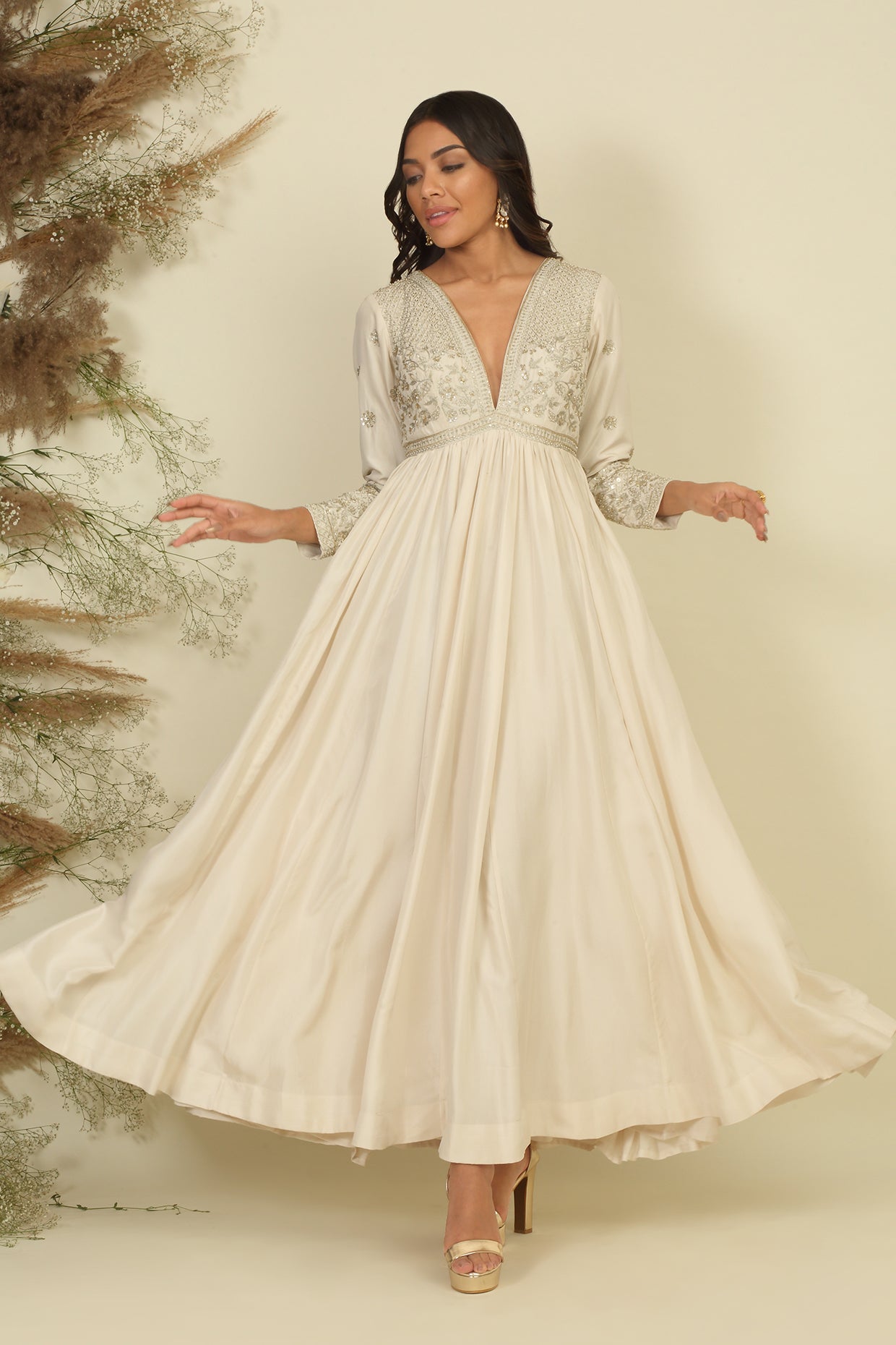 Ivory Silk Anarkali Set