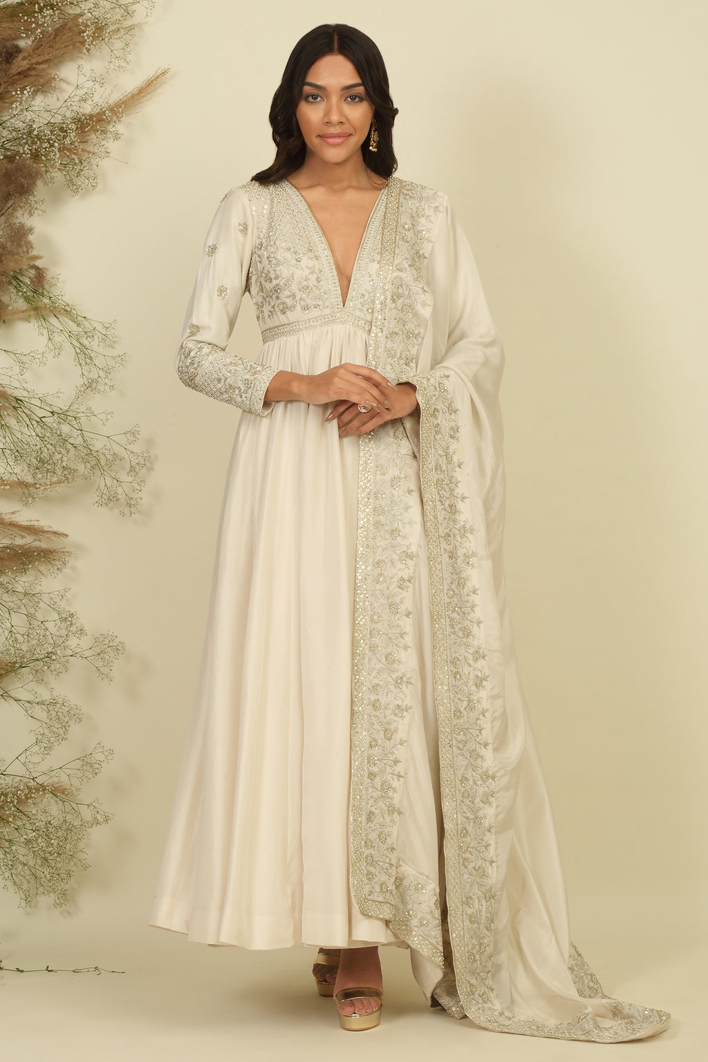 Ivory Silk Anarkali Set