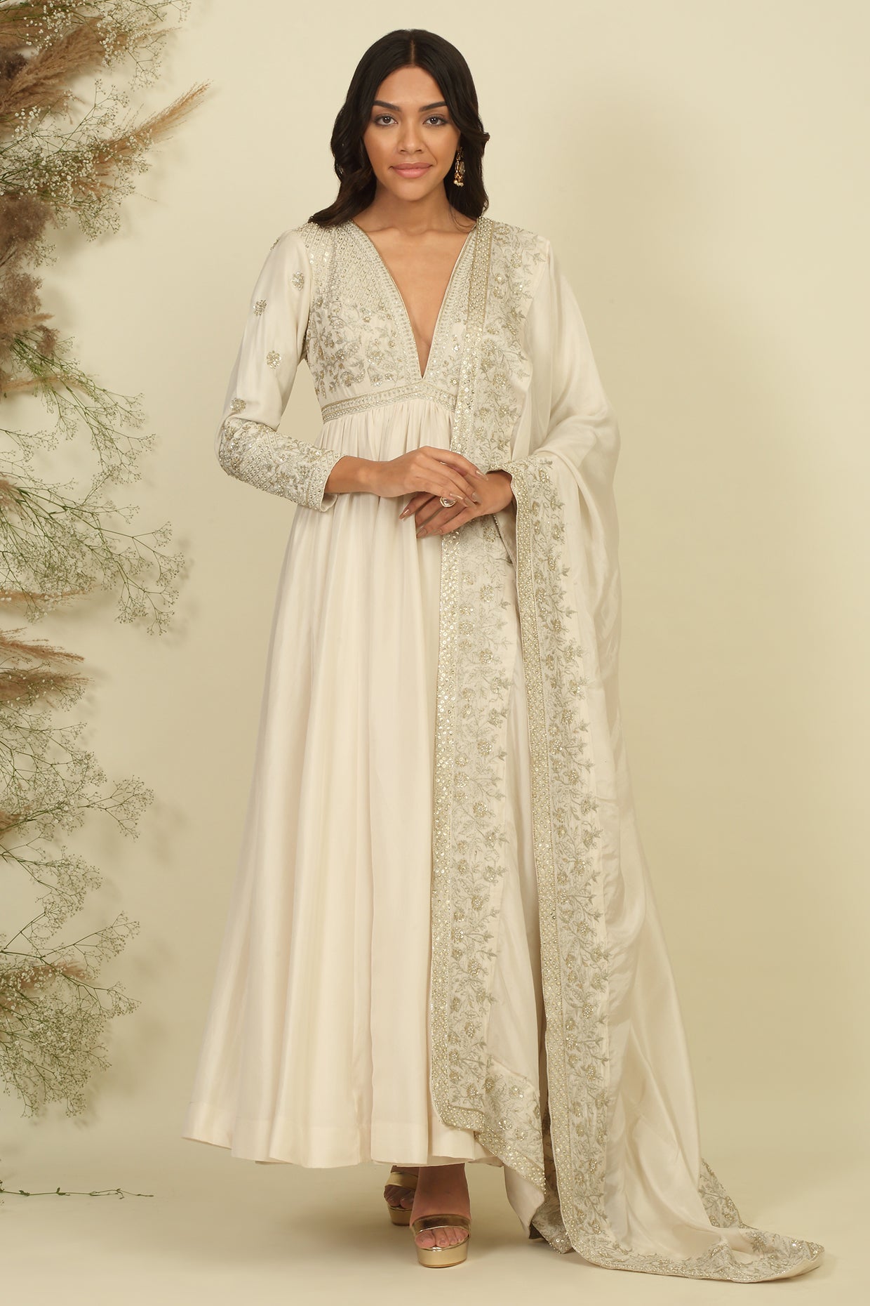 Ivory Silk Anarkali Set