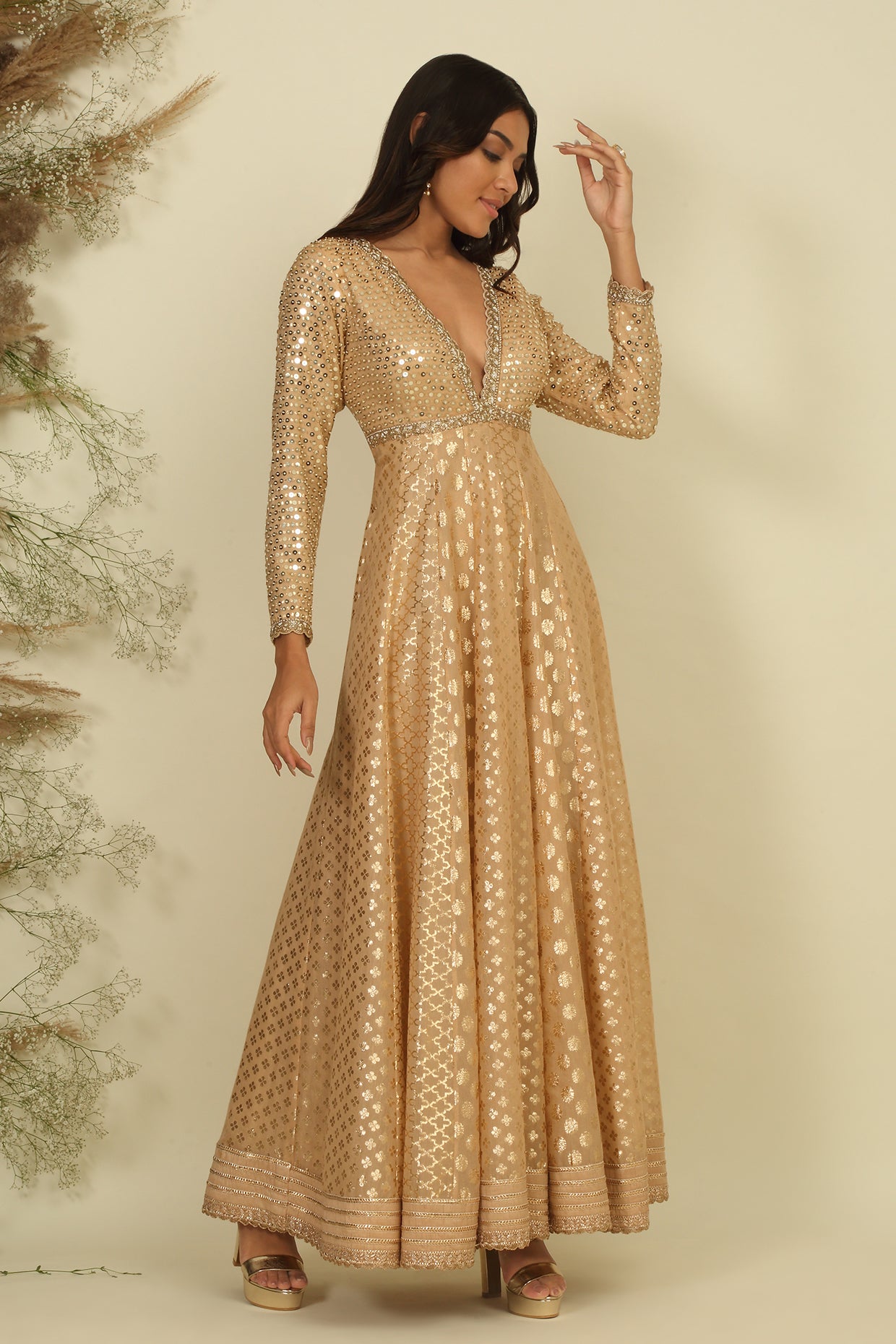 Golden Chanderi Anarkali Set