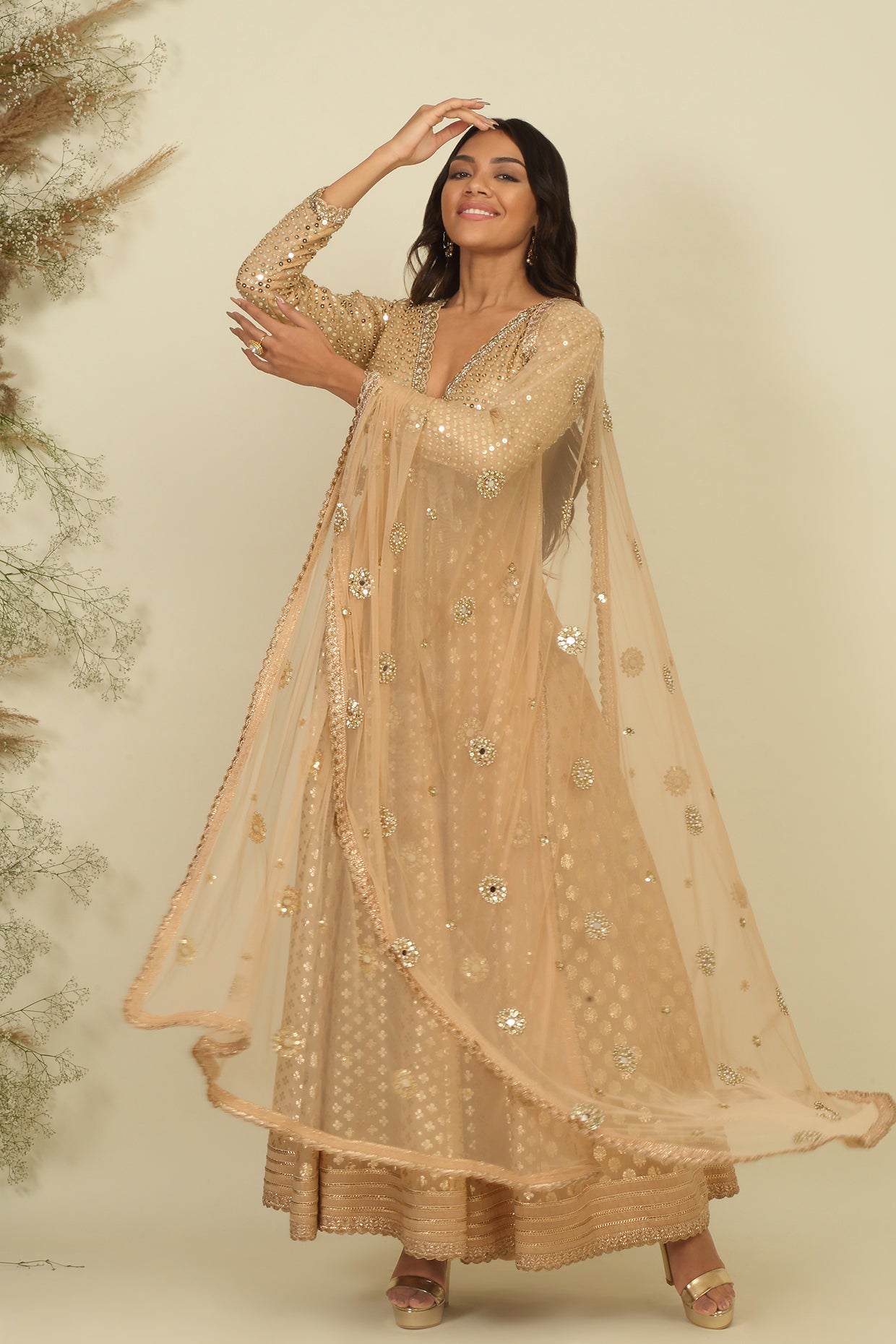 Golden Chanderi Anarkali Set