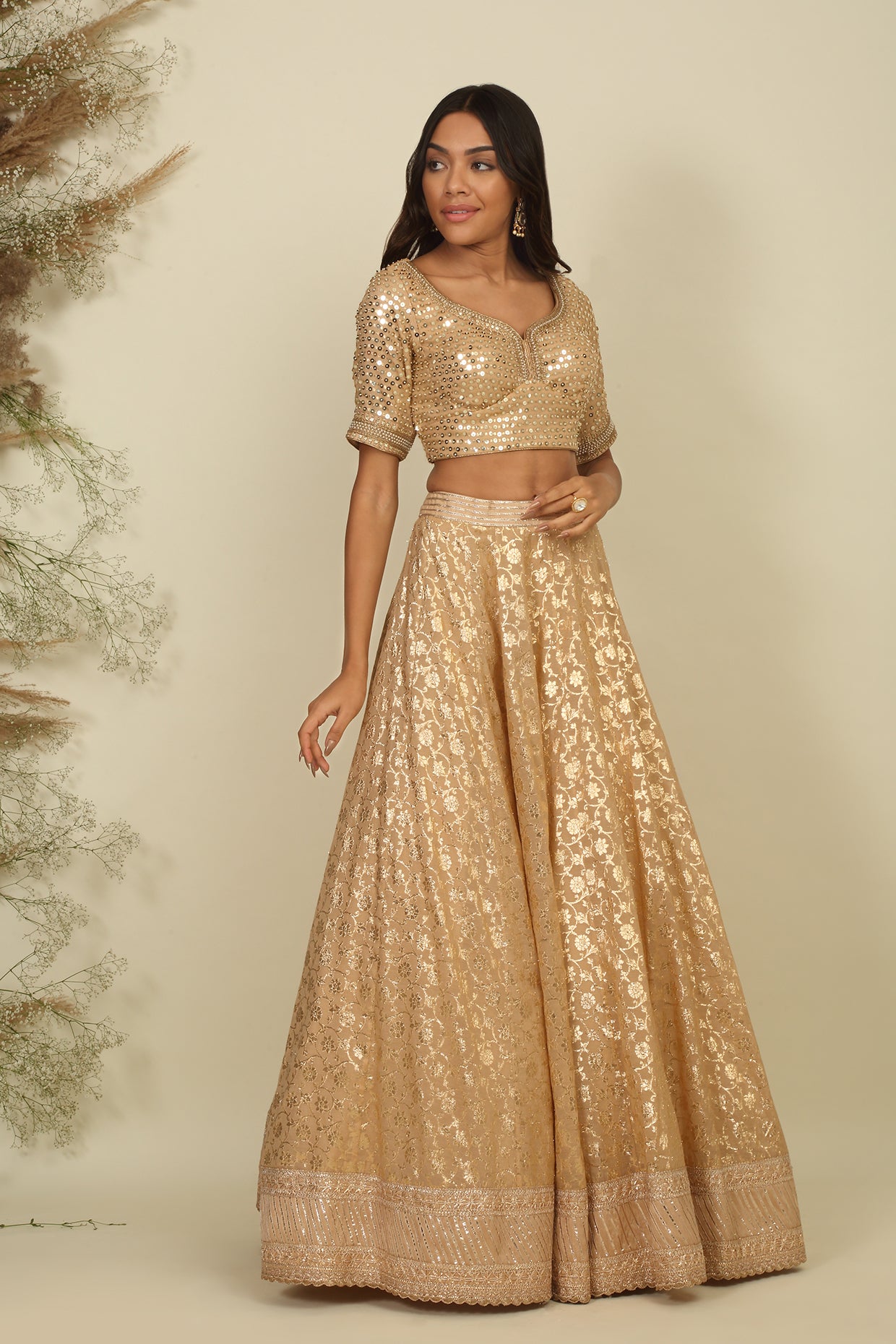 Golden Chanderi Lehenga Set