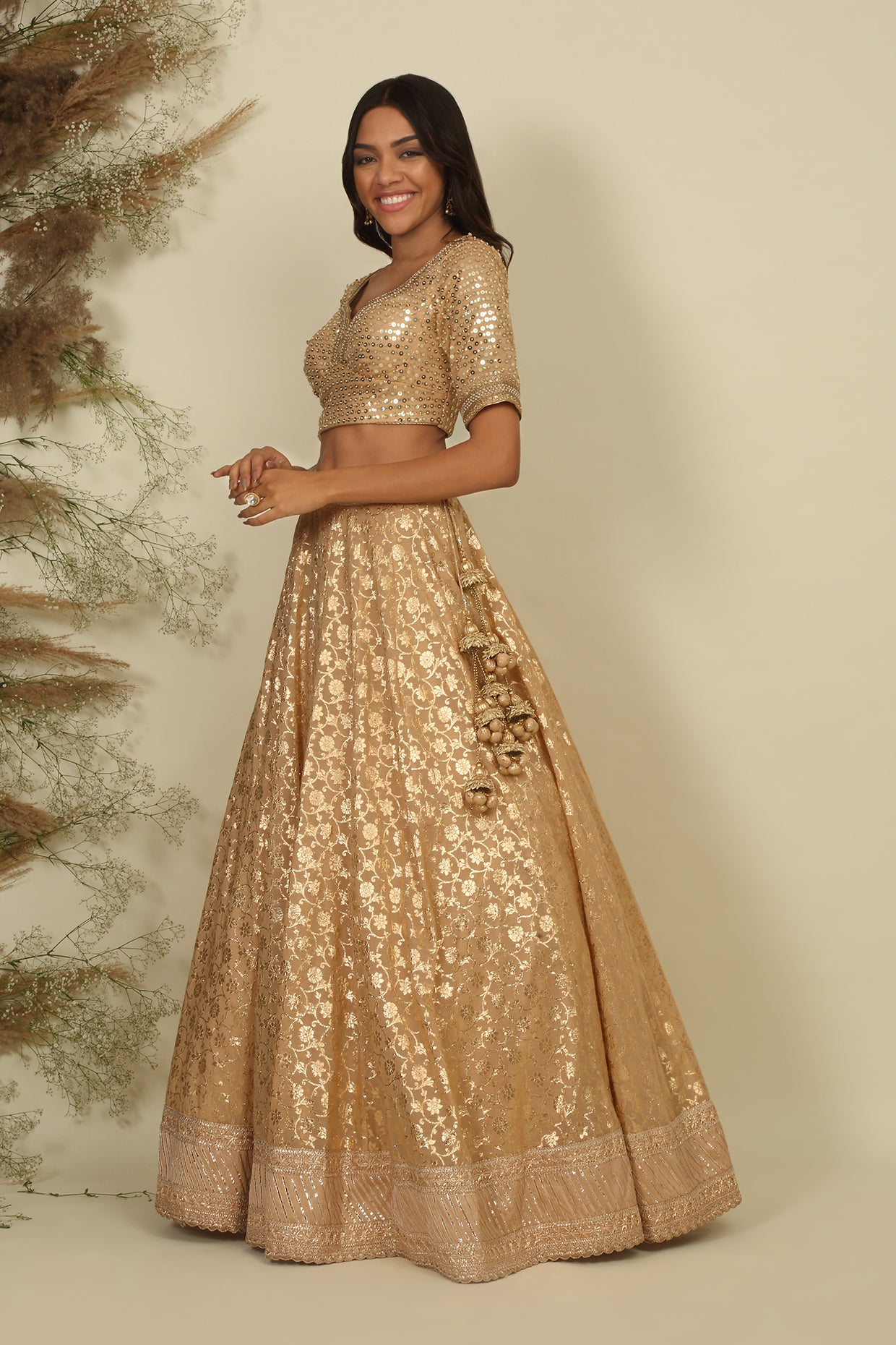 Golden Chanderi Lehenga Set