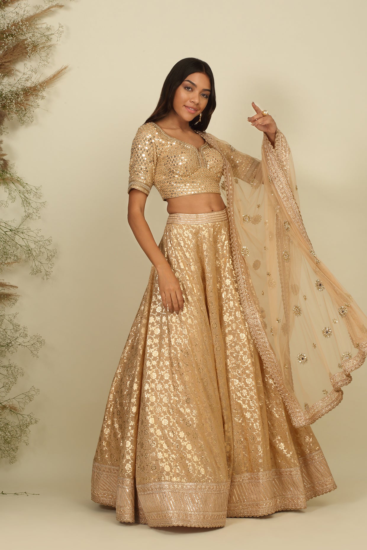 Golden Chanderi Lehenga Set