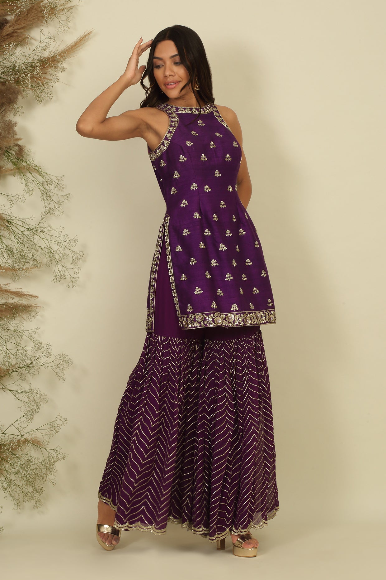 Russian Violet Embroidered Sharara Set