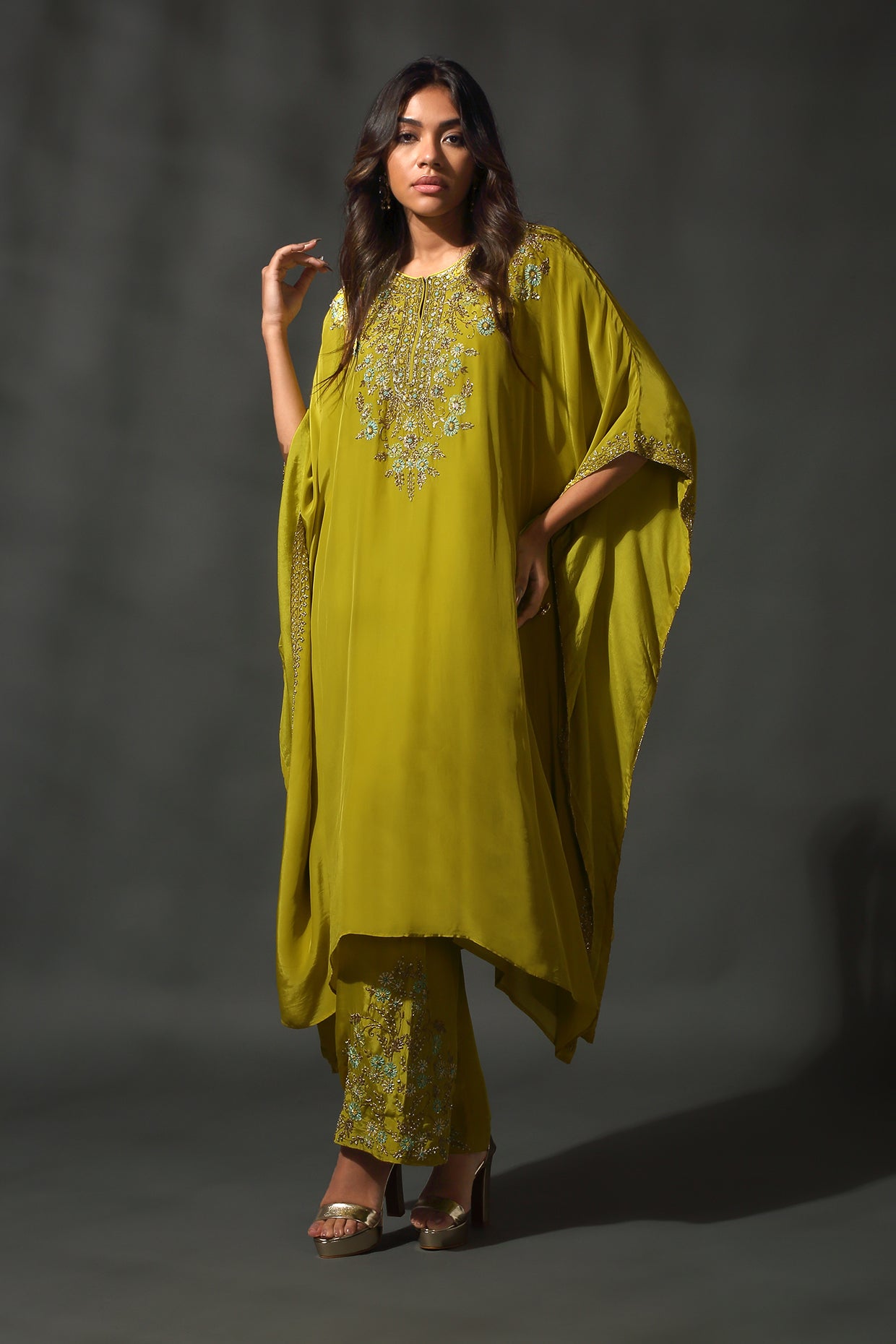 Bright Yelllow Green Kaftan Set