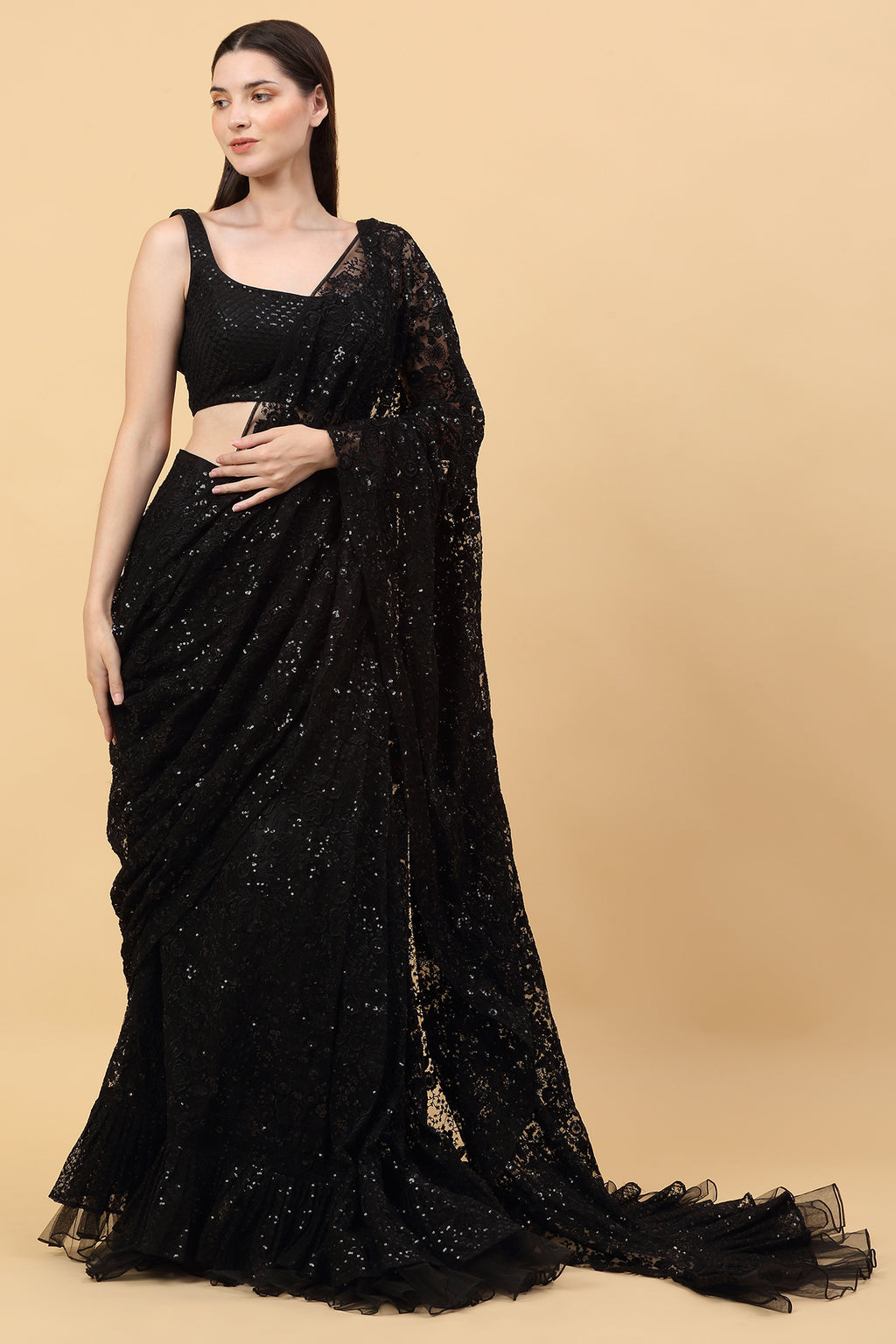 Black Pre Stitched Drape Saree
