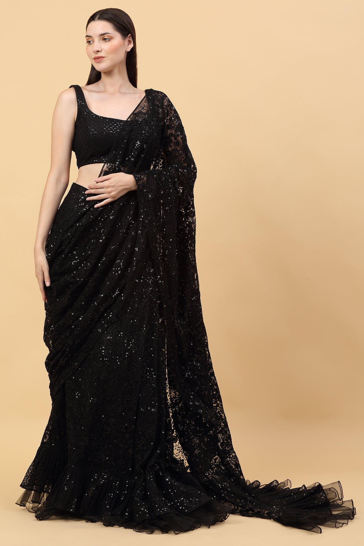 Black Pre Stitched Drape Saree